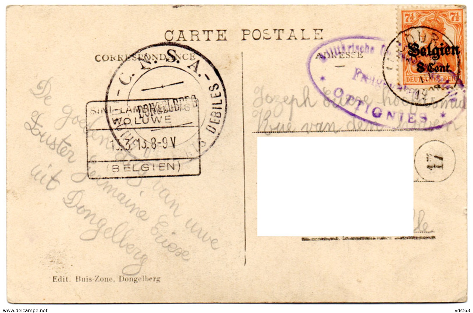DONGELBERG 1918 EGLISE Cimetière Cachet Censure Allemande Ottignies Feld Post / Ed. Buis Zone / Jodoigne - Geldenaken