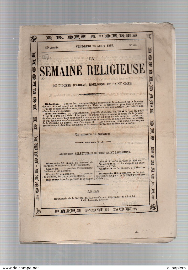 La Semaine Religieuse N°35 Le Couronnement De Notre-Dame De Boulogne - Chronique Diocésaine De 1885 - Revues Anciennes - Avant 1900