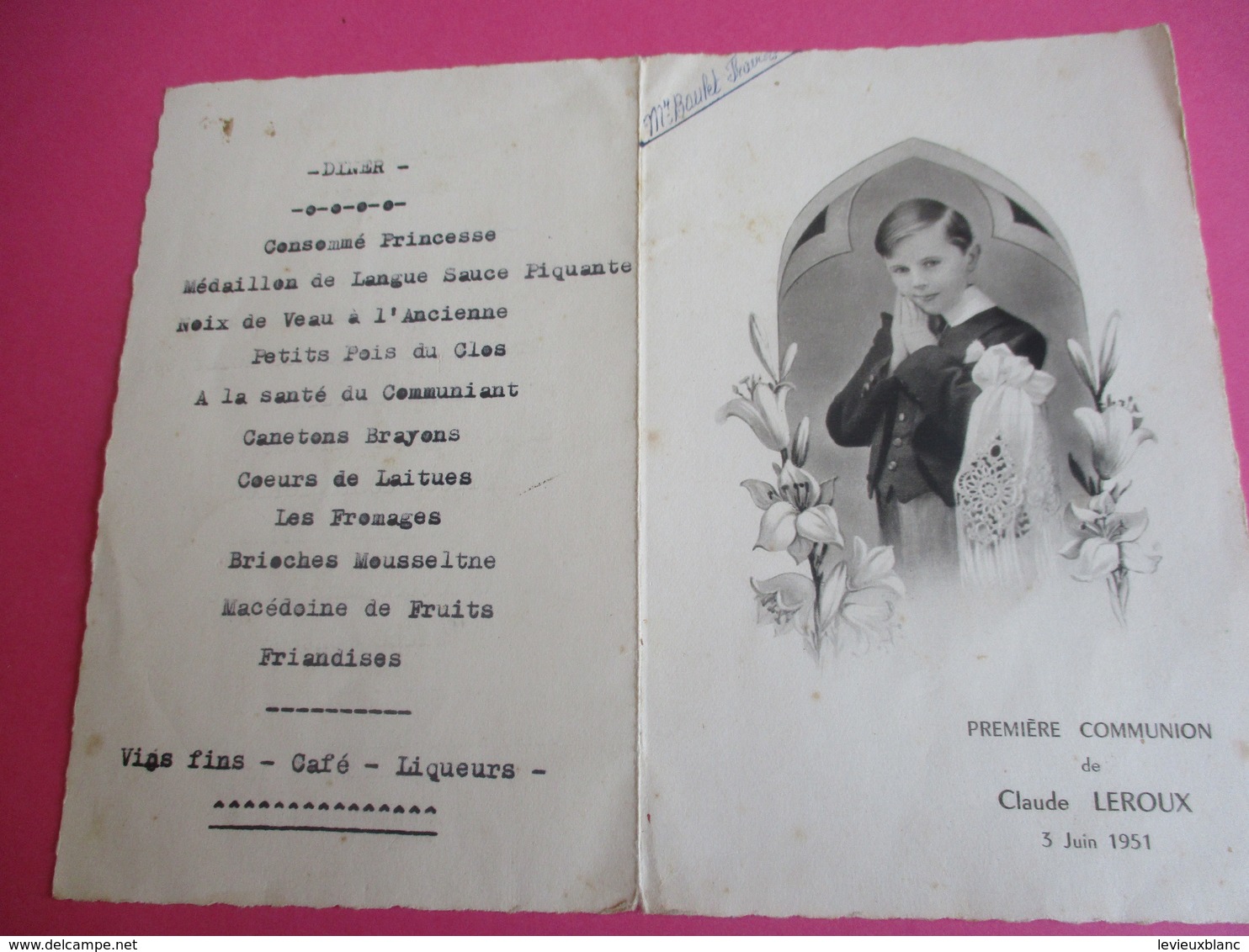 Menu De Repas De Première  Communion/Déjeuner-Diner/Claude LEROUX/François Boulet/1951  MENU258 - Menus