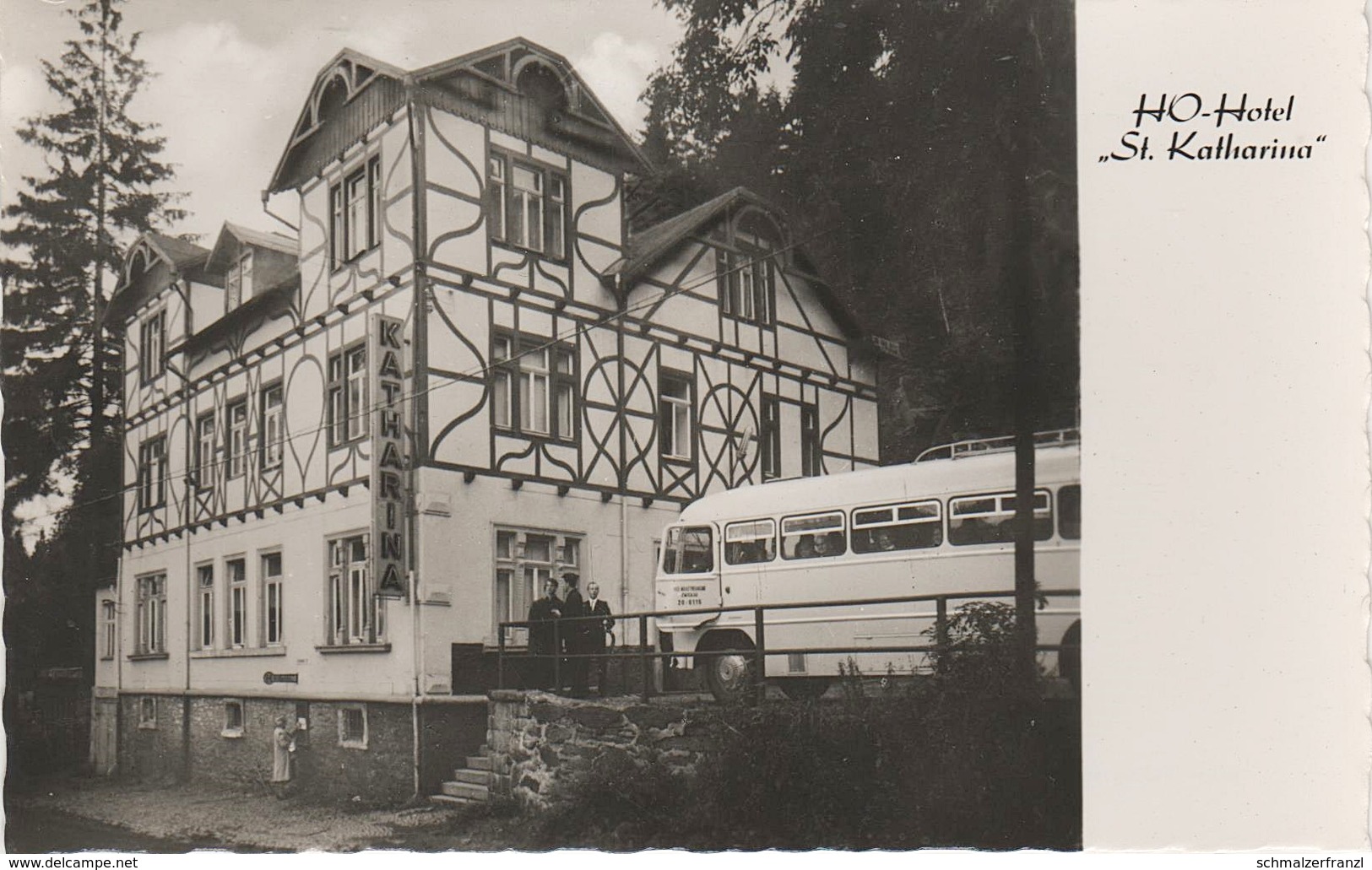 AK Langenberg HO Hotel St Katharina Ikarus Bus Raschau Markersbach Waschleithe Schwarzbach Schwarzenberg Erzgebirge DDR - Markersbach