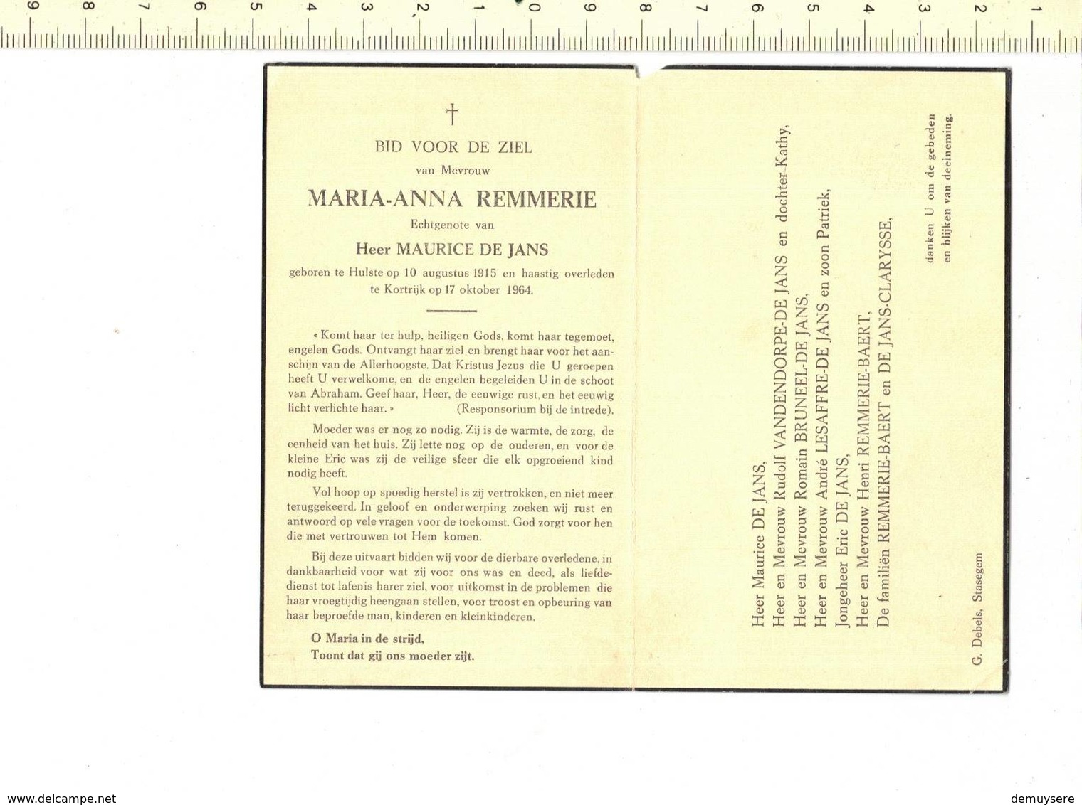 DP 7478 - BIDPRENTJE - MARIA ANNA REMMERIE - HULSTE 1914 + KORTRIJK 1964 - Imágenes Religiosas