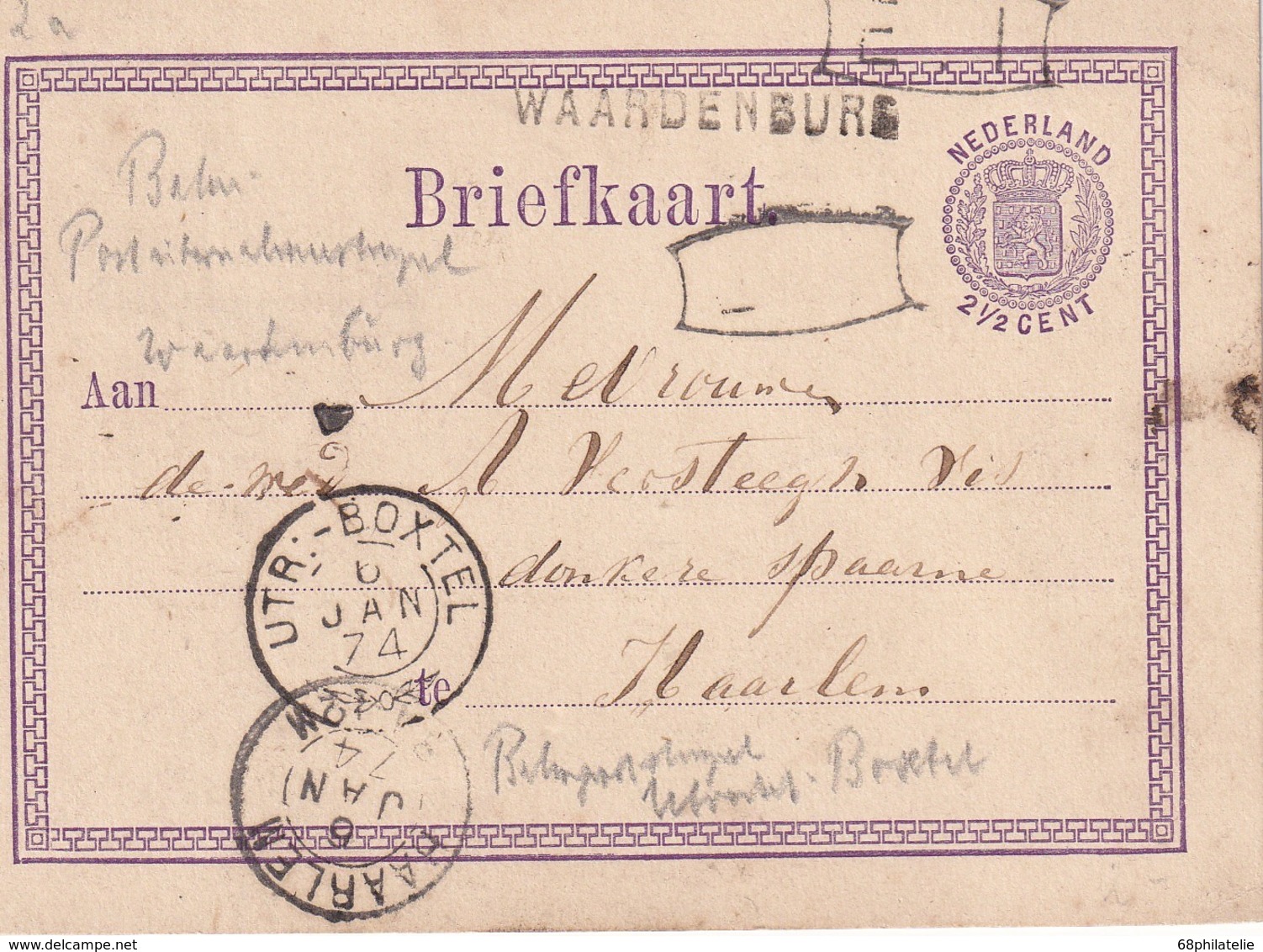 PAYS-BAS 1874   ENTIER POSTAL/GANZSACHE/POSTAL STATIONERY CARTE DE WAARDENBURG - Material Postal