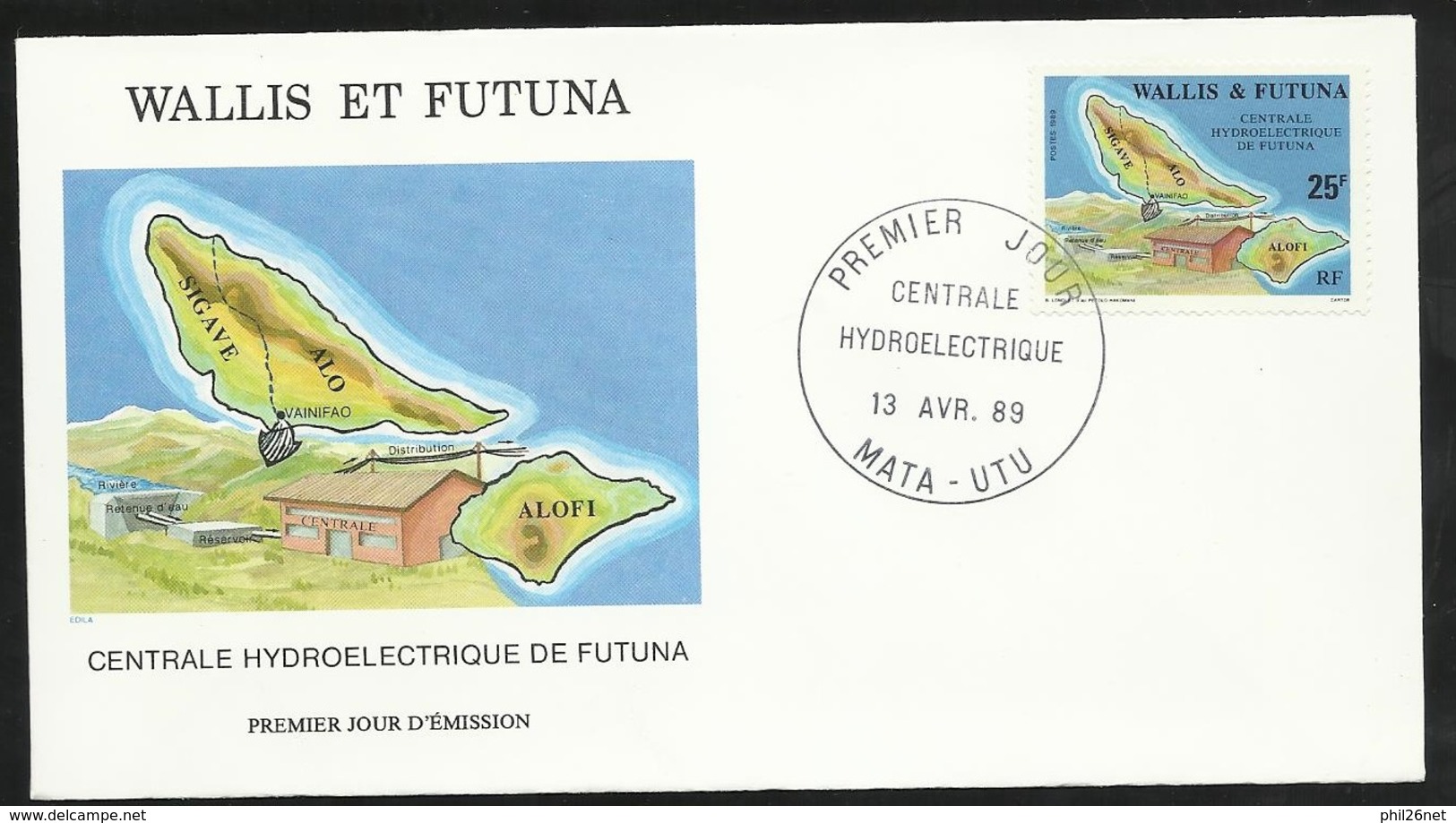 W. Et F.  Lettre Illustrée  Premier Jour Mata-Utu Le 13/04/1989 Le N°386 Centrale Hydroélectrique De Futuna    TB - Elektriciteit