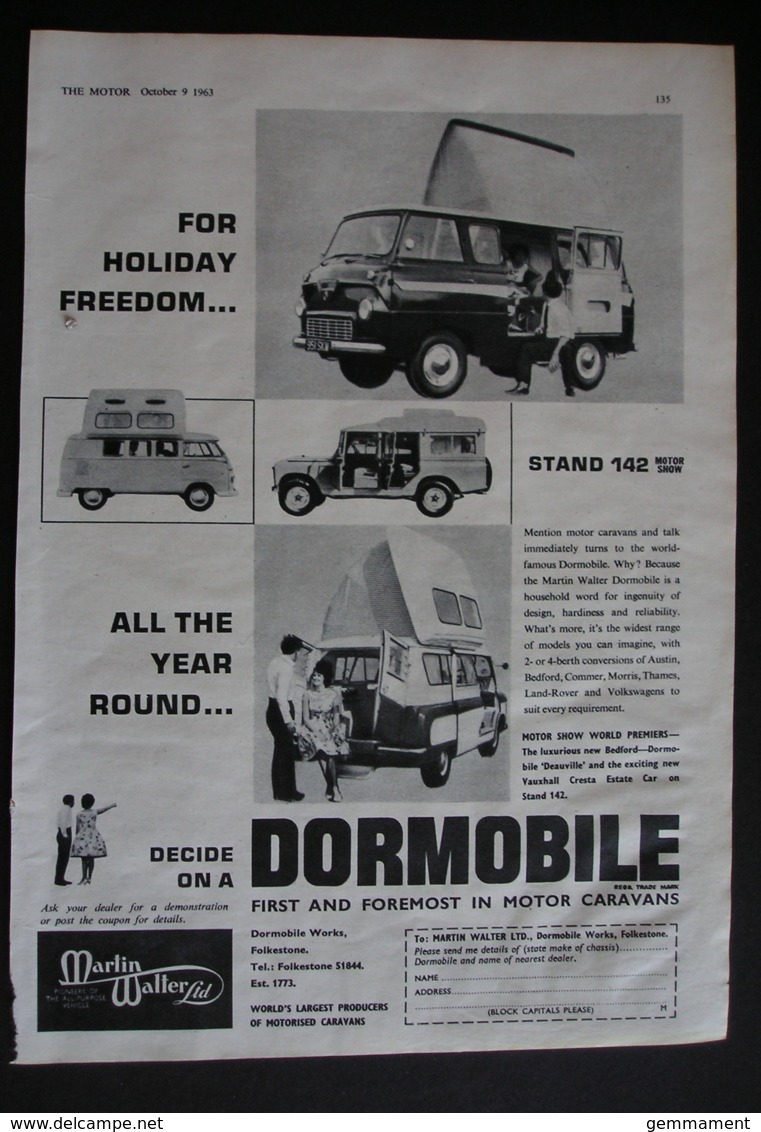 ORIGINAL 1963  MAGAZINE ADVERT FOR DORMOBILE MOTOR CARAVAN - Sonstige & Ohne Zuordnung