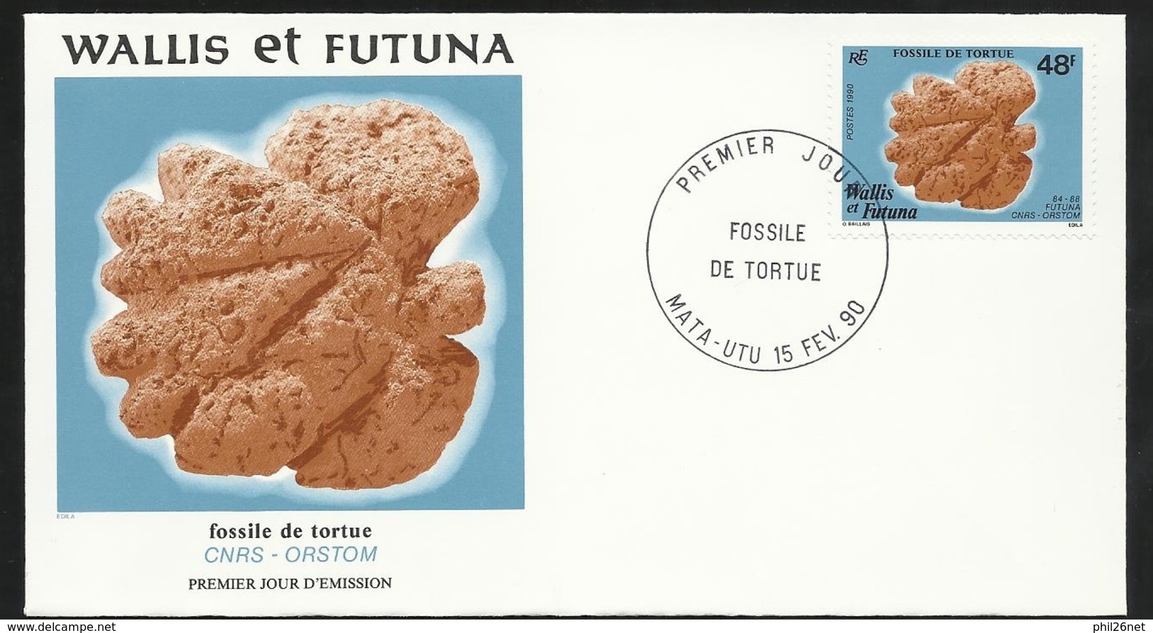 W. Et F.  Lettre Illustrée  Premier Jour Mata-Utu Le 15/02/1990   Le N°394 Fossile De Tortue CNRS-ORSTOM   TB - Fossiles