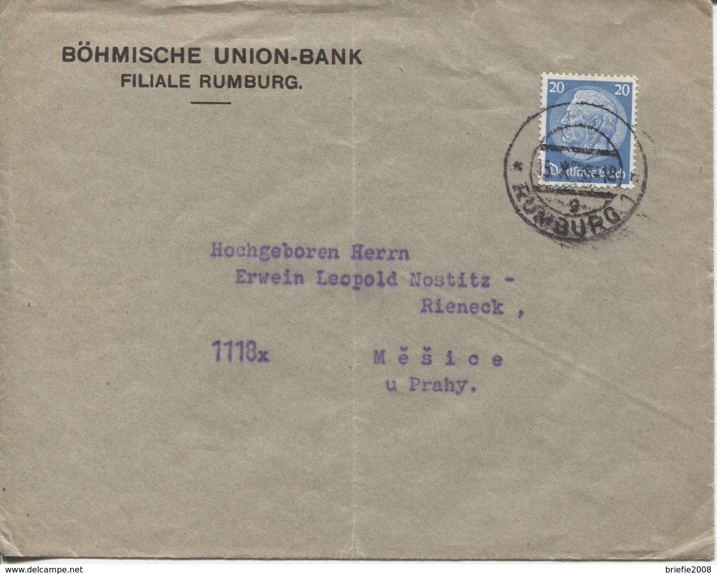 Sudeten Rumburg Aptierter CSP-Tagesstempel Mit #521 Einzelfrankatur 15.10.38 > Mesice. Portogerechter (senkrecht Gefalte - Briefe U. Dokumente