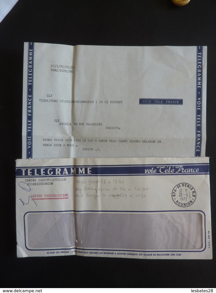 TELEGRAMME LETTRE RADIOMARITIME   Centre Radioelectrique St-DENIS REUNION  Cachet à Date 1972 AV 2019  Alb 40 - Maritime Post
