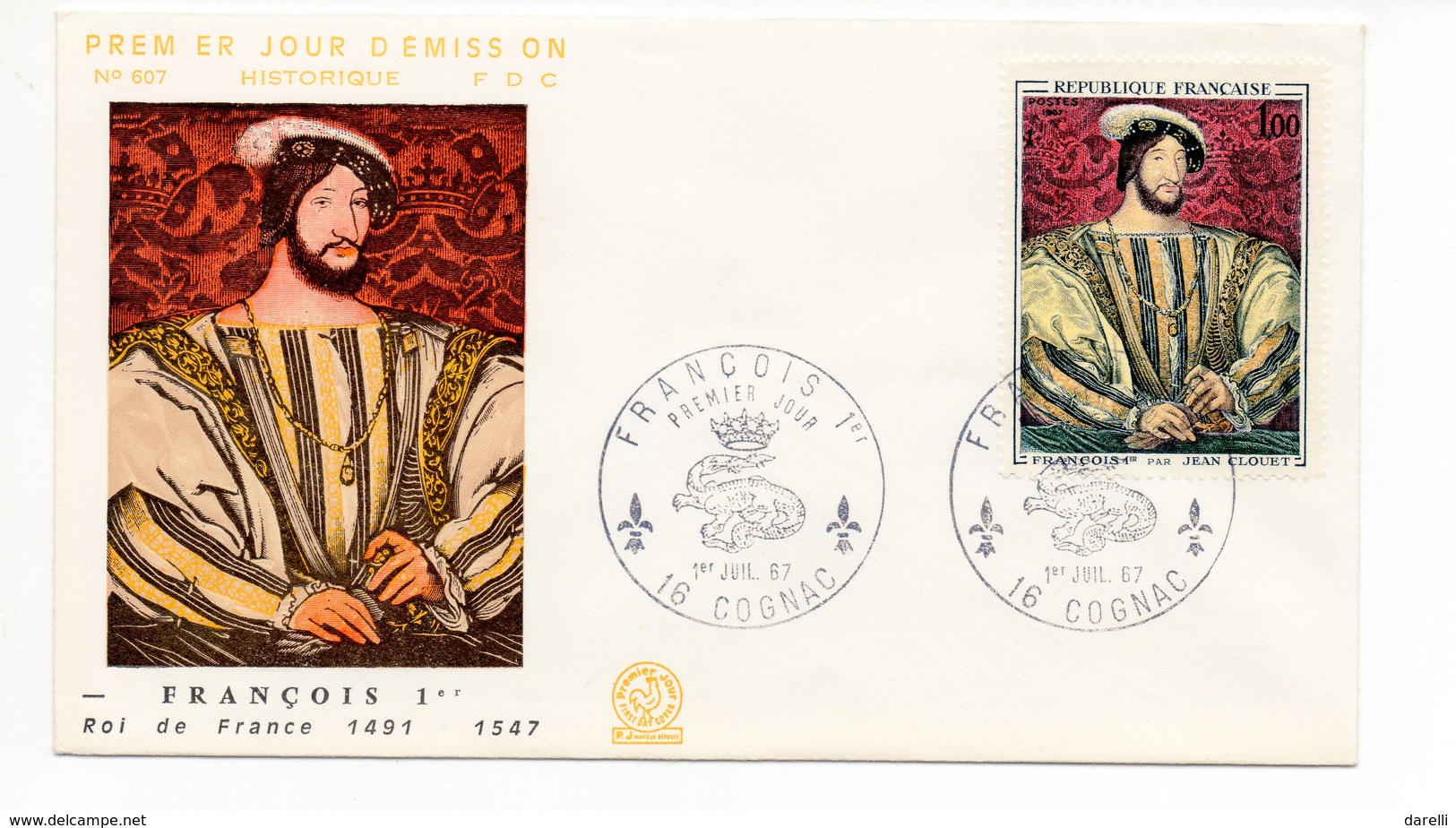 FDC France 1967 : François 1er Roi De France (par Jean CLOUET) YT 1518 - 16 Cognac - 1960-1969