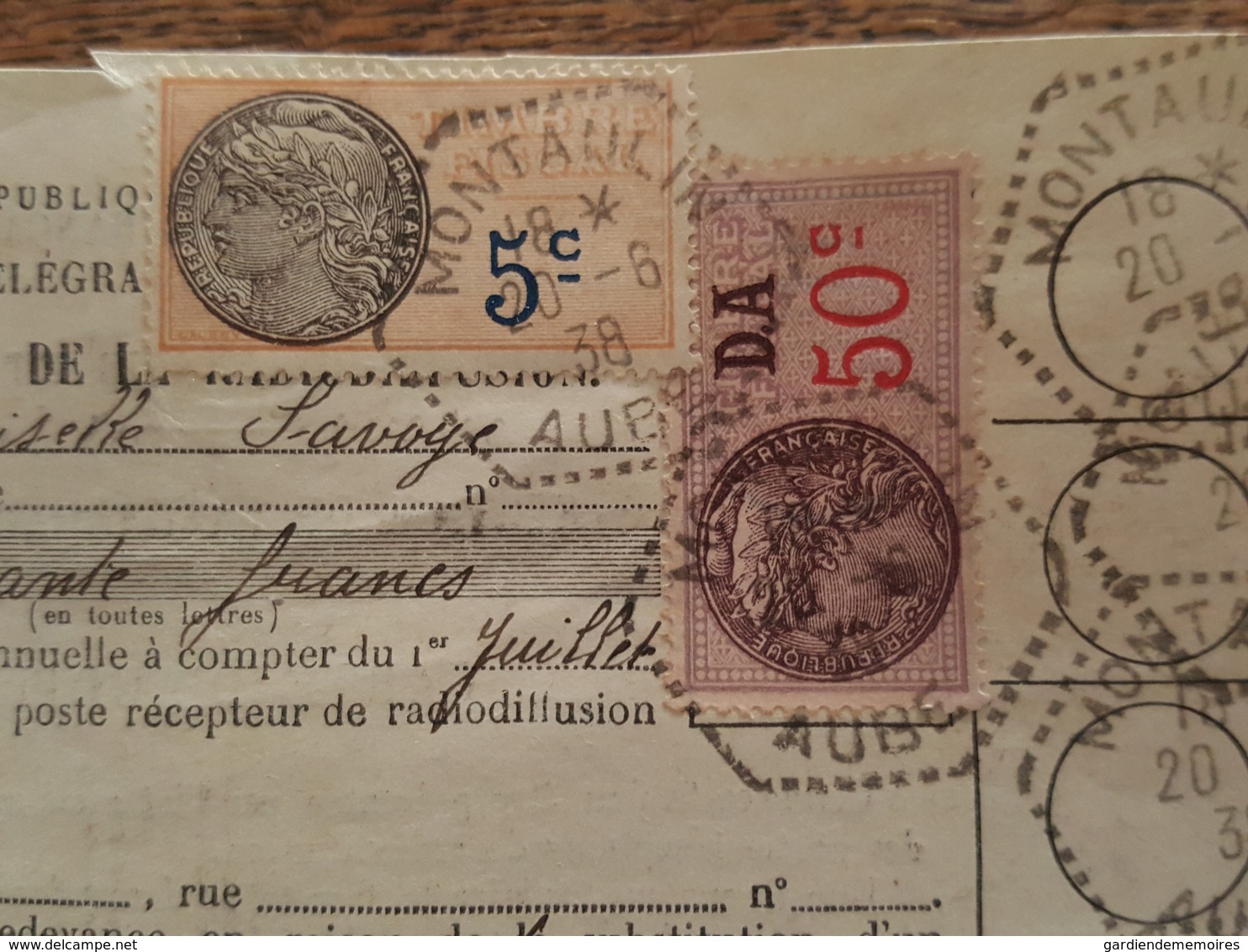 1938 Timbres Fiscaux 5c Et DA Distributeur Auxiliaire, Redevance TAD Poste Agence Rurale Montaulin, Mme Savoye Montabert - Lettres & Documents