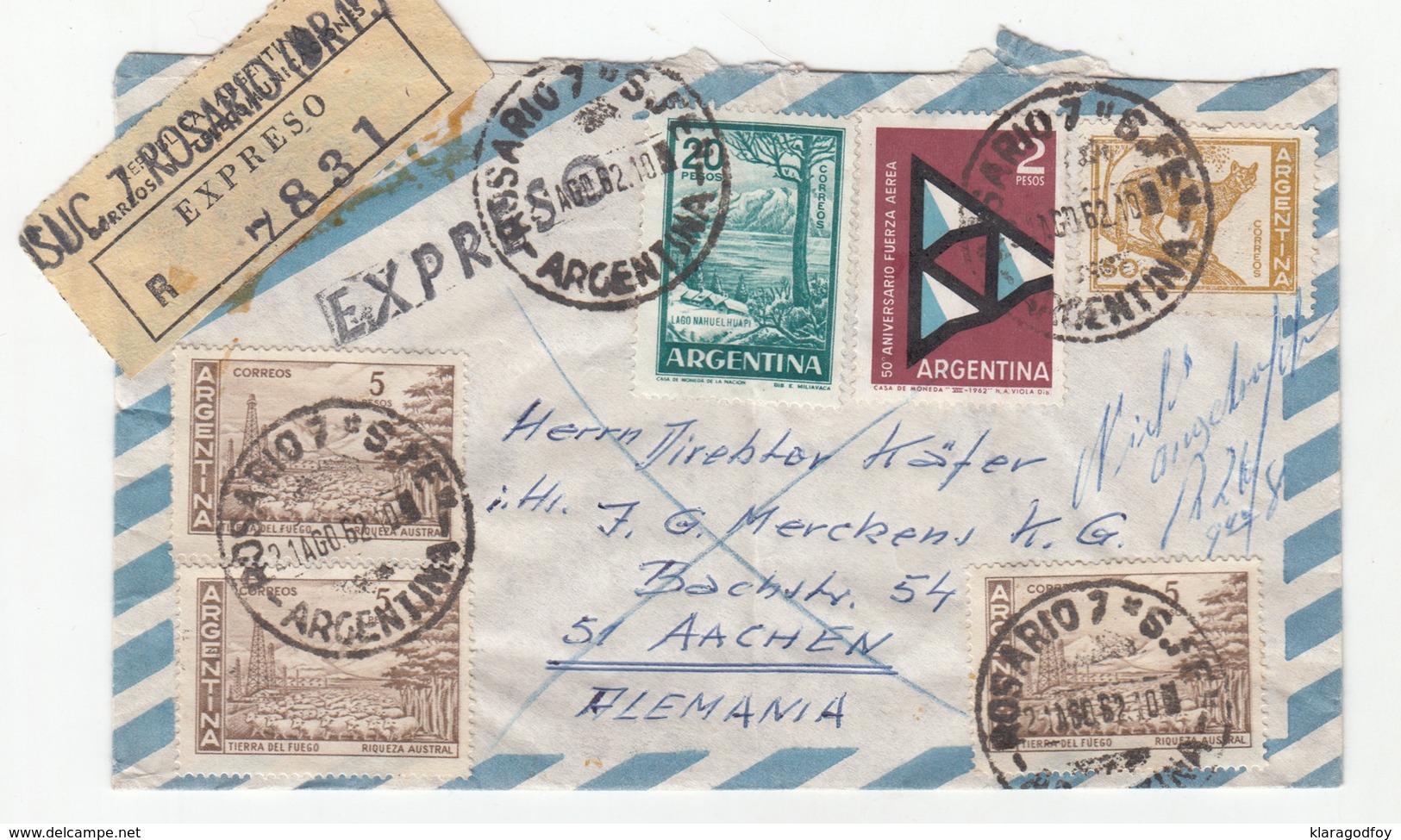 Argentina, Letter Cover Registered Travelled 1962 Rosario To Aachen B190410 - Cartas & Documentos