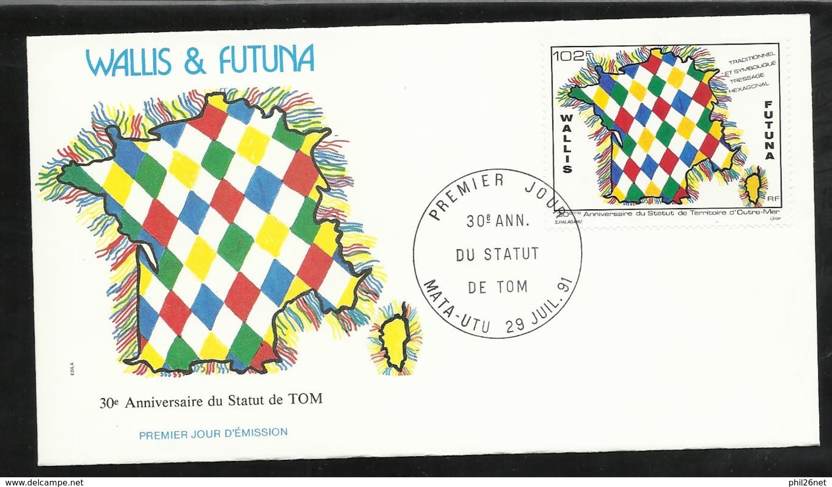 W. Et F.  Lettre Illustrée  Premier Jour Mata-Utu Le 29/07/1991 Le N°414   30ème Anniversaire Du Statut De TOM   TB - Storia Postale