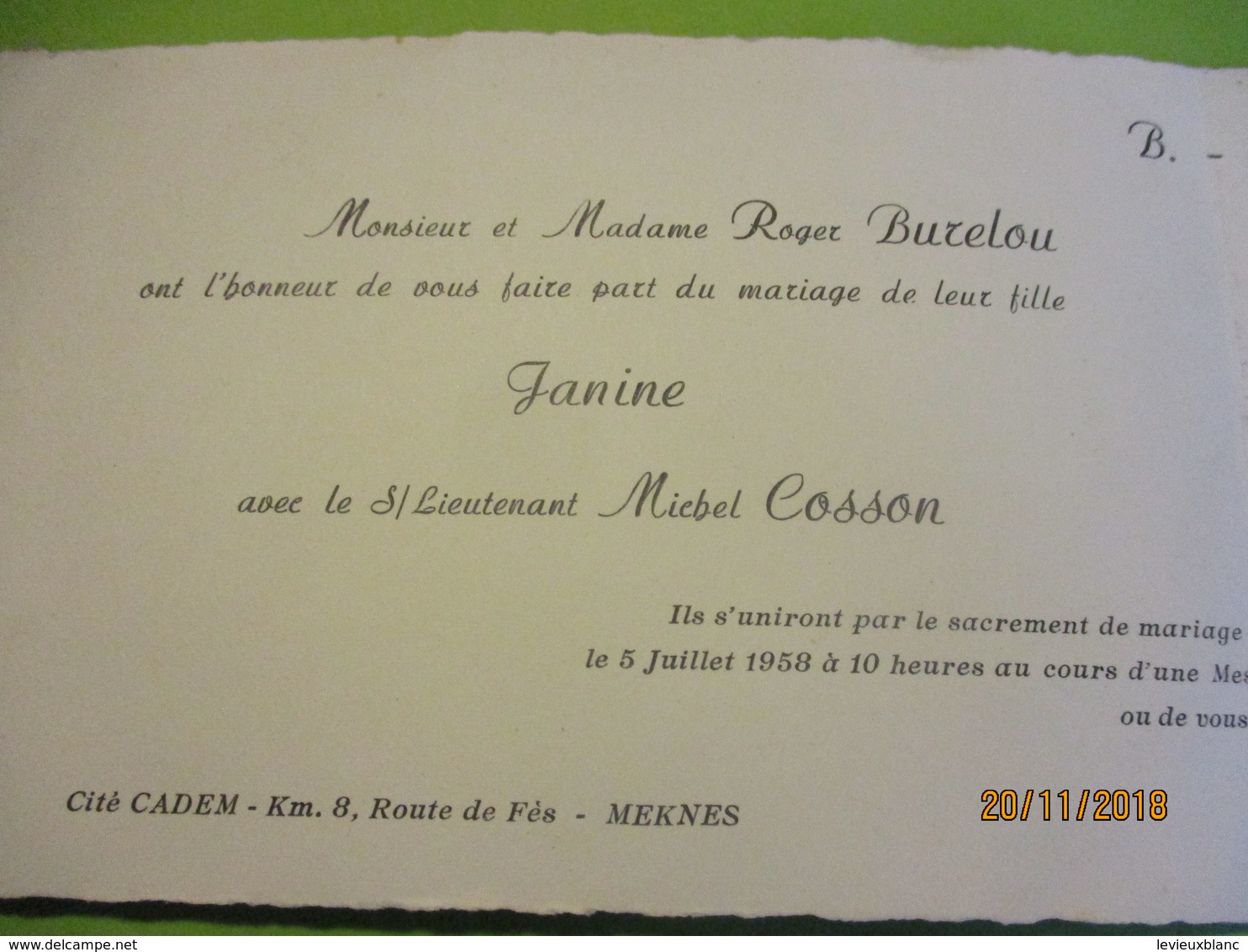 Faire-part Mariage à 2 Volets/Janine BURELOU- S Lt Michel COSSON/ Lieutenant Colonel COSSON/Meknés/MAROC/1958 FPM42 - Boda