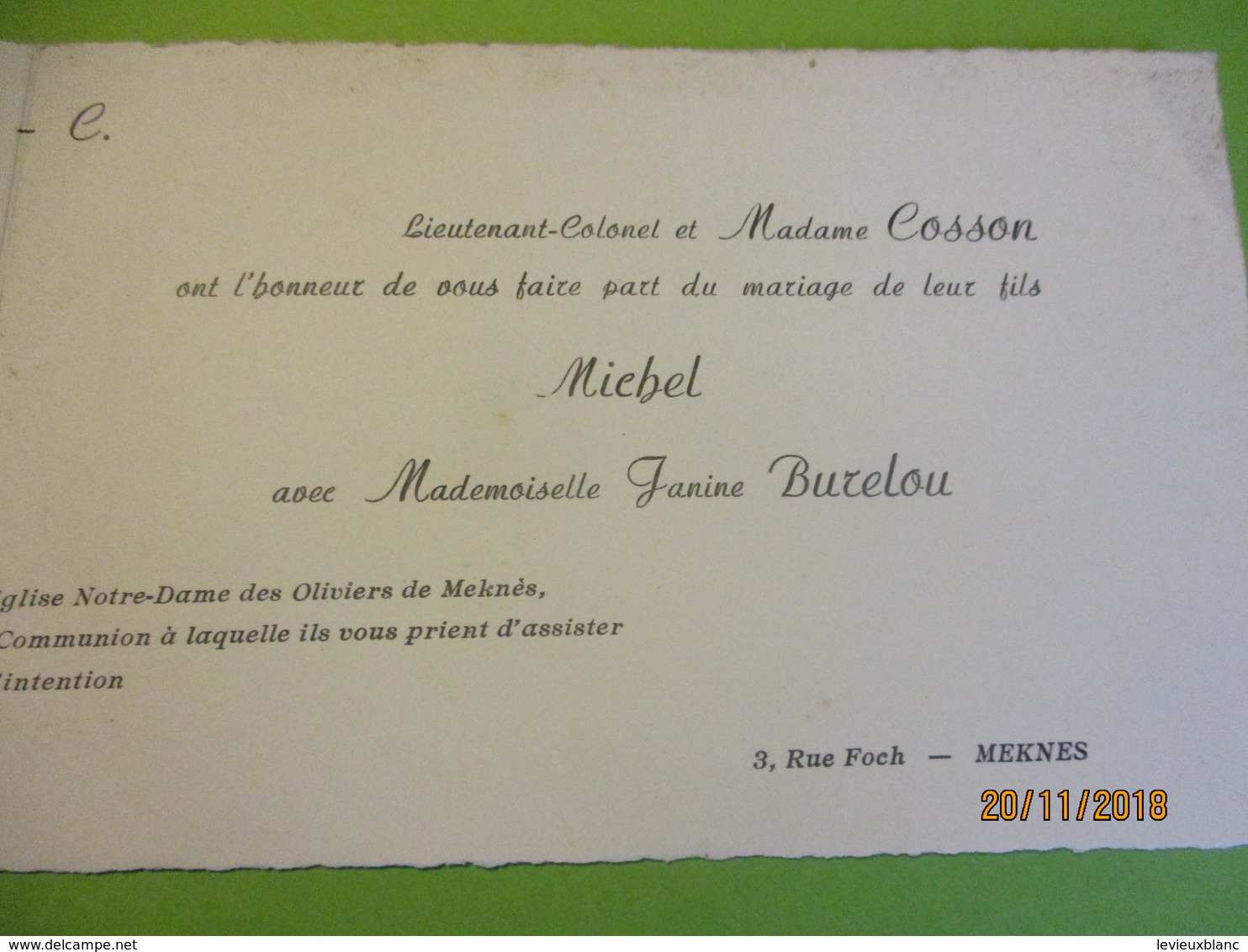 Faire-part Mariage à 2 Volets/Janine BURELOU- S Lt Michel COSSON/ Lieutenant Colonel COSSON/Meknés/MAROC/1958 FPM42 - Huwelijksaankondigingen