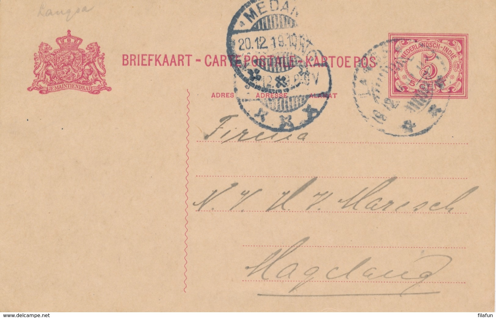 Nederlands Indië - 1919 - 5 Cent Cijfer, Briefkaart Van LB LANGSA Naar Magelang - Netherlands Indies