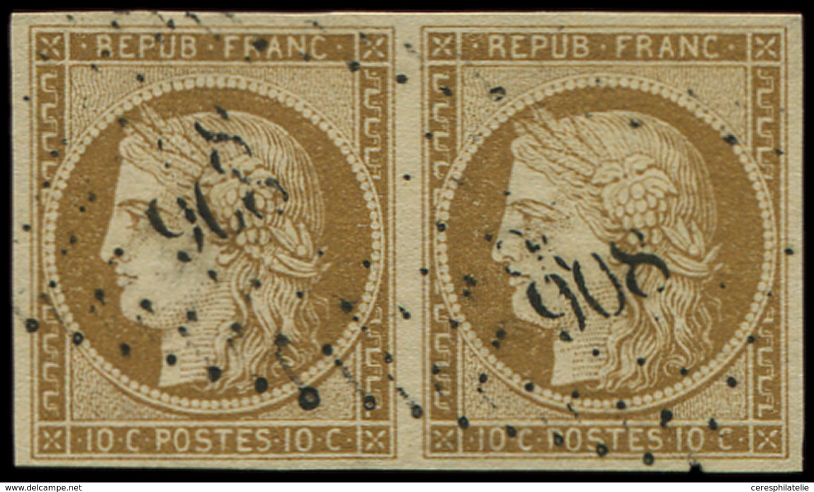 EMISSION DE 1849 - 1    10c. Bistre-jaune, PAIRE Obl. PC 908 De COLMAR, TB - 1849-1850 Ceres