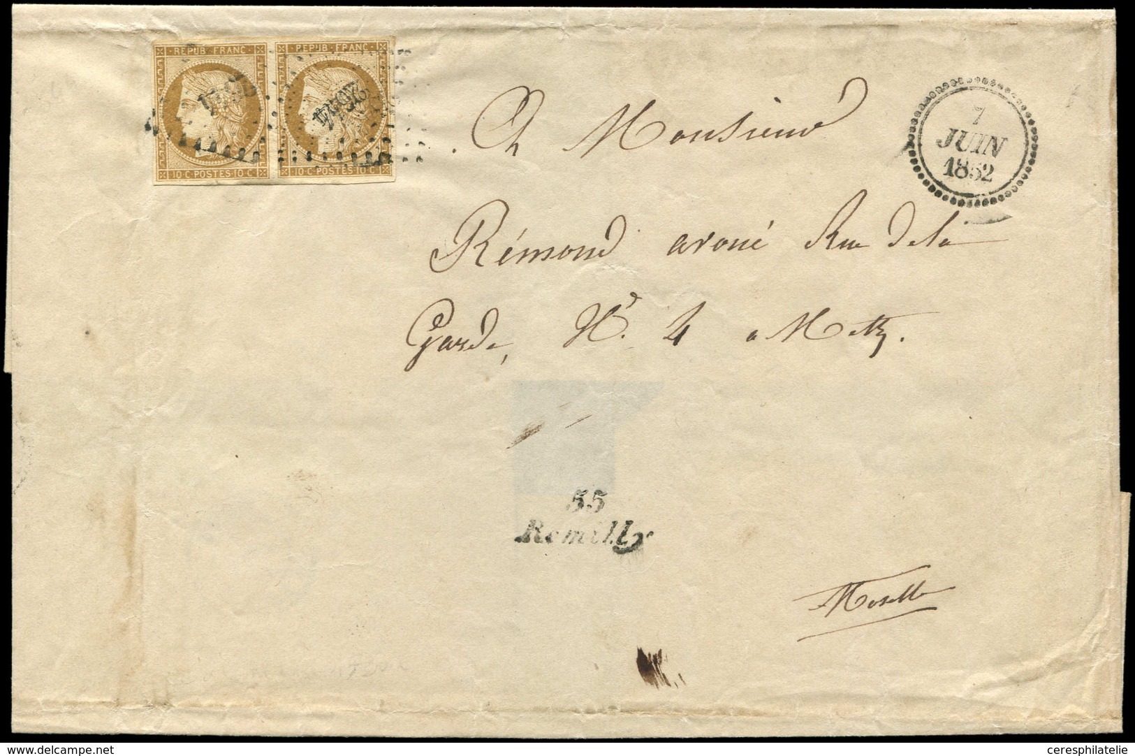 Let EMISSION DE 1849 - 1    10c. Bistre-jaune PAIRE, Obl. PC 2644 S. LSC, Cursive 55/REMILLY Et Dateur 7/6/52, TB - 1849-1850 Cérès