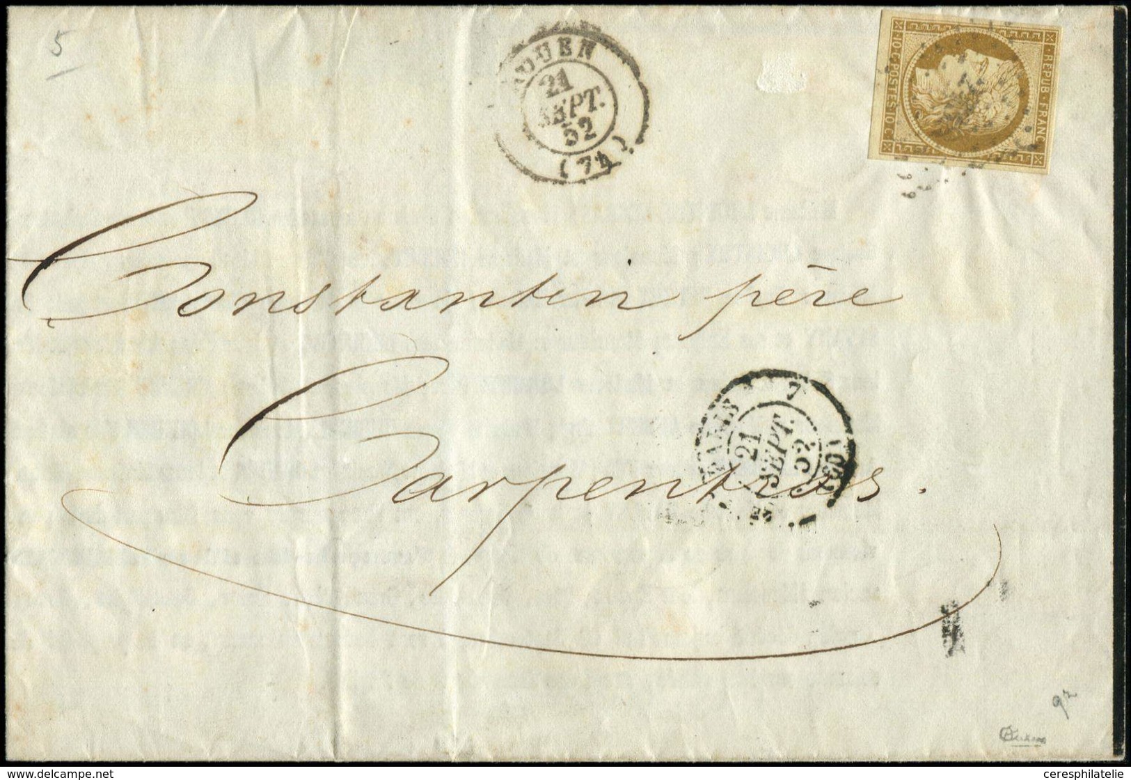 Let EMISSION DE 1849 - 1b   10c. Bistre-VERDATRE, Obl. PC 2738 S. Faire-part, Càd T15 ROUEN 21/9/52, TB. C - 1849-1850 Ceres