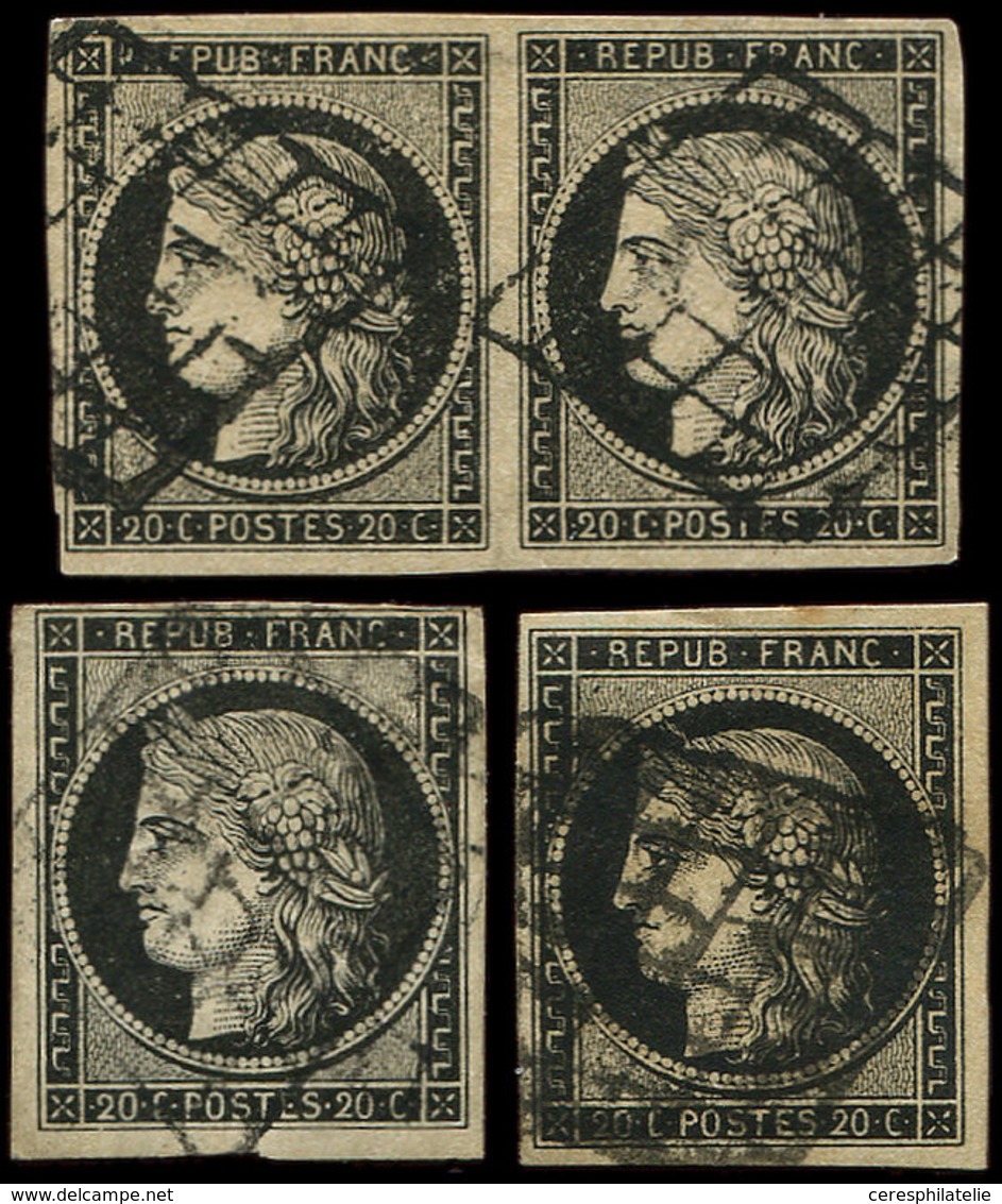 EMISSION DE 1849 - 3    20c. Noir Sur Jaune, 2 Unités Et Une Paire Obl. GRILLE, TB - 1849-1850 Ceres