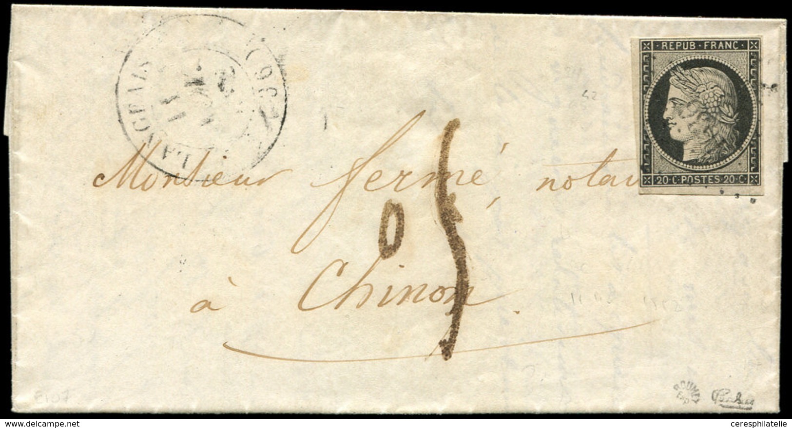 Let EMISSION DE 1849 - 3    20c. Noir Sur Jaune, Obl. PC 1636 S. LAC, Càd T14 LANGEAIS 11/11/52, Taxe 05 Tampon, Arr. CH - 1849-1850 Ceres