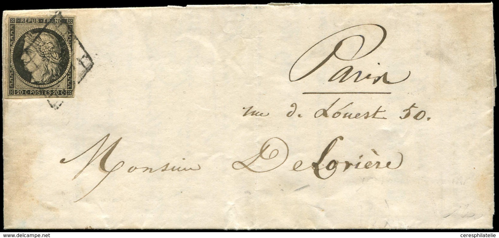 Let EMISSION DE 1849 - 3    20c. Noir Sur Jaune, Obl. GRILLE S. LAC S. LAC De PARIS Pour PARIS 26/2/50, DOUBLE PORT LOCA - 1849-1850 Cérès