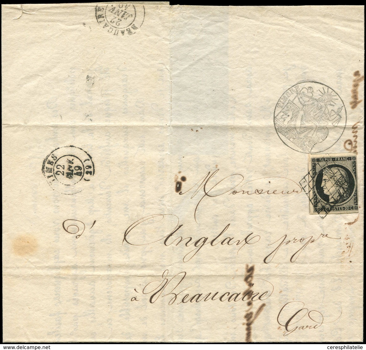 Let EMISSION DE 1849 - 3    20c. Noir Sur Jaune Effl. à Droite, Obl. GRILLE S. Avis Avec Partie Manuscrite, Càd T15 NIME - 1849-1850 Ceres
