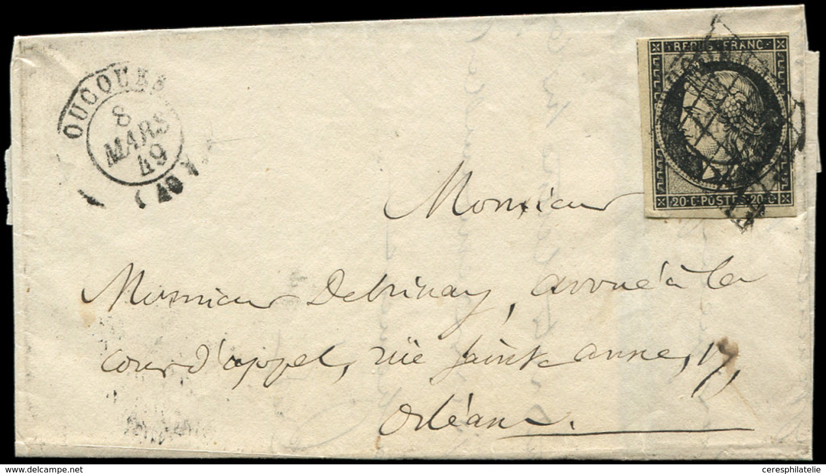 Let EMISSION DE 1849 - 3    20c. Noir Sur Jaune, Obl. GRILLE Et Càd T15 OUCQUES 8/3/49 S. LAC Pour Orléans, Rare Associa - 1849-1850 Cérès
