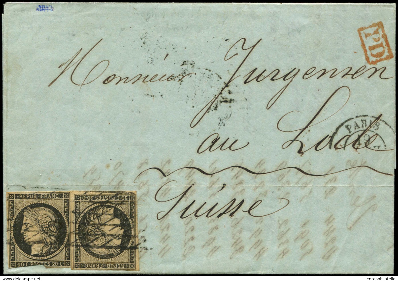 Let EMISSION DE 1849 - 3    20c. Noir Sur Jaune, 2 Ex. Dont L'un Déf., Obl. GRILLE SANS FIN S. LAC De Paris Du 19/4/52,  - 1849-1850 Cérès