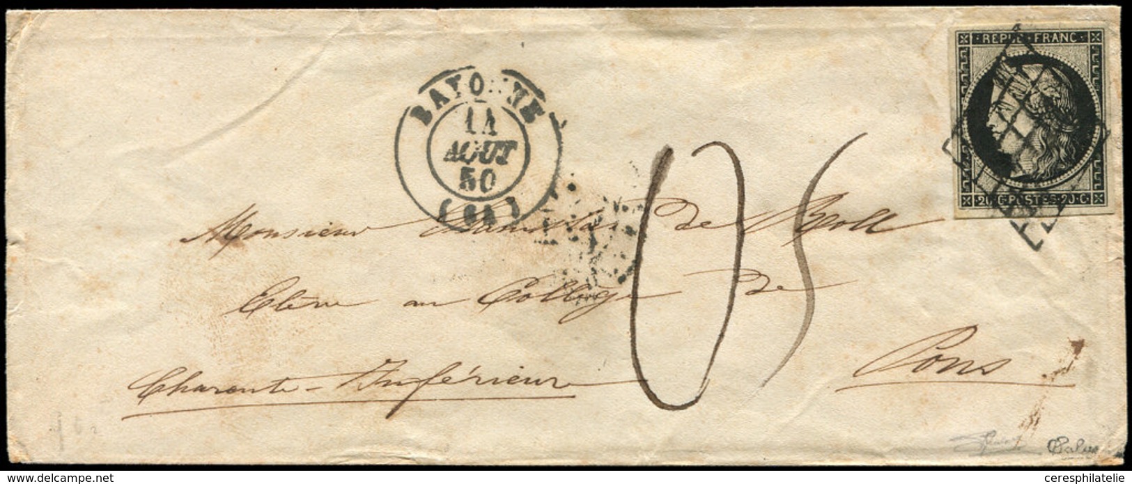 Let EMISSION DE 1849 - 3a   20c. Noir Sur Blanc, Obl. GRILLE S. Env., Càd T15 BAYONNE 11/8/50 Et Taxe Plume 05, Tarif 25 - 1849-1850 Ceres