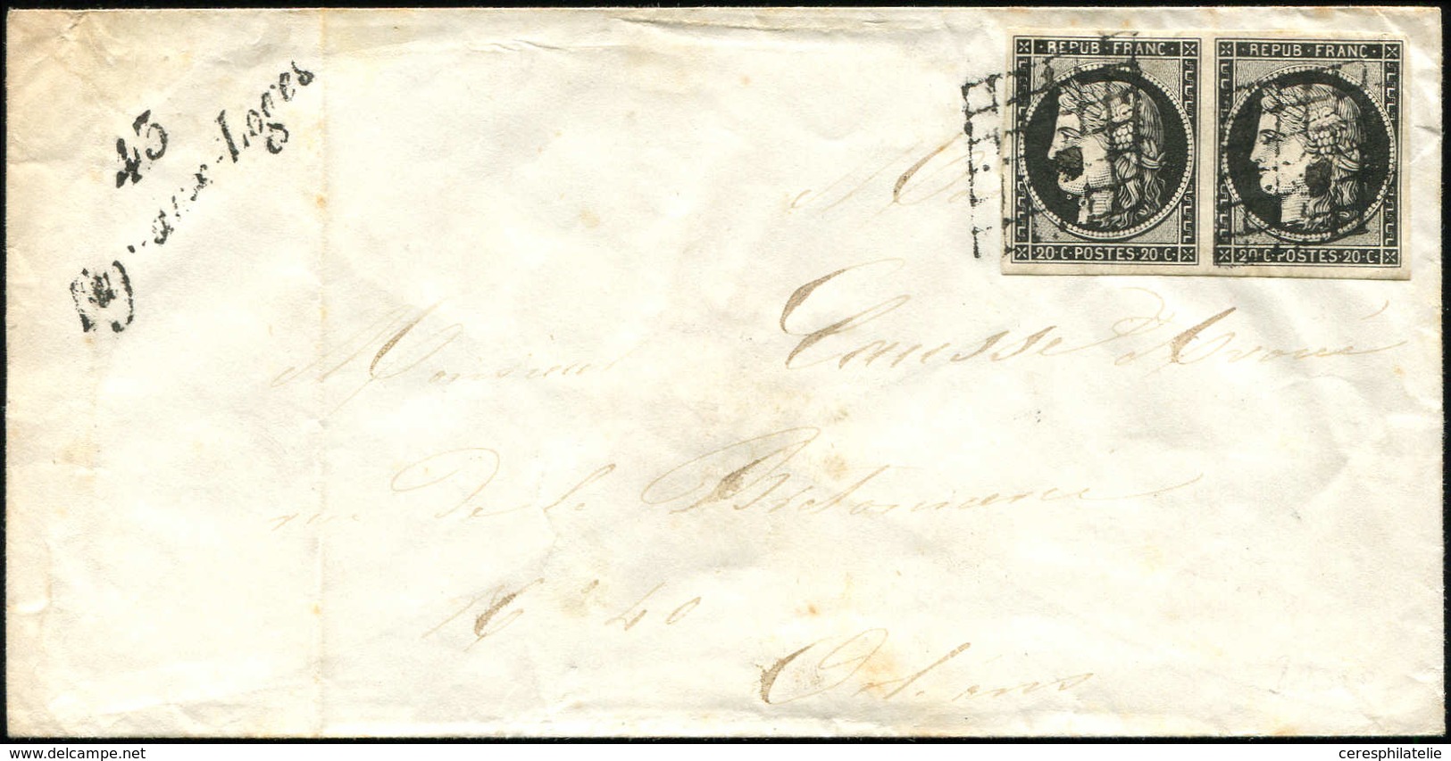 Let EMISSION DE 1849 - 3a   20c. Noir Sur Blanc, PAIRE Obl. GRILLE S. Env., Cursive 43/FAY AUX LOGES, Arr. ORLEANS 19/10 - 1849-1850 Ceres