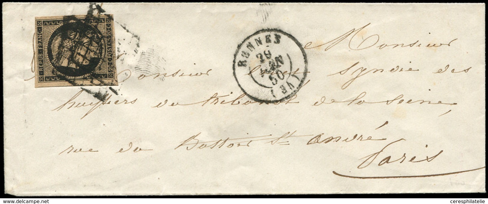Let EMISSION DE 1849 - 3b   20c. Noir Sur CHAMOIS Obl. GRILLE S. Env., Càd T15 RENNES 29/6/50, TB - 1849-1850 Cérès