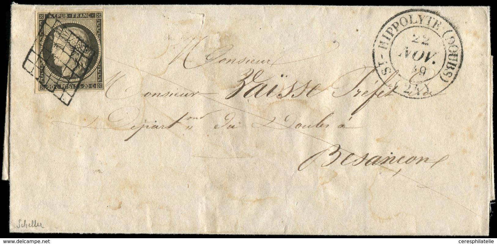 Let EMISSION DE 1849 - 3c   20c. GRIS-NOIR, Obl. GRILLE S. LSC, Càd T14 St HIPPOLYTE (DOUBS) 22/11/49, Bonne Combinaison - 1849-1850 Ceres