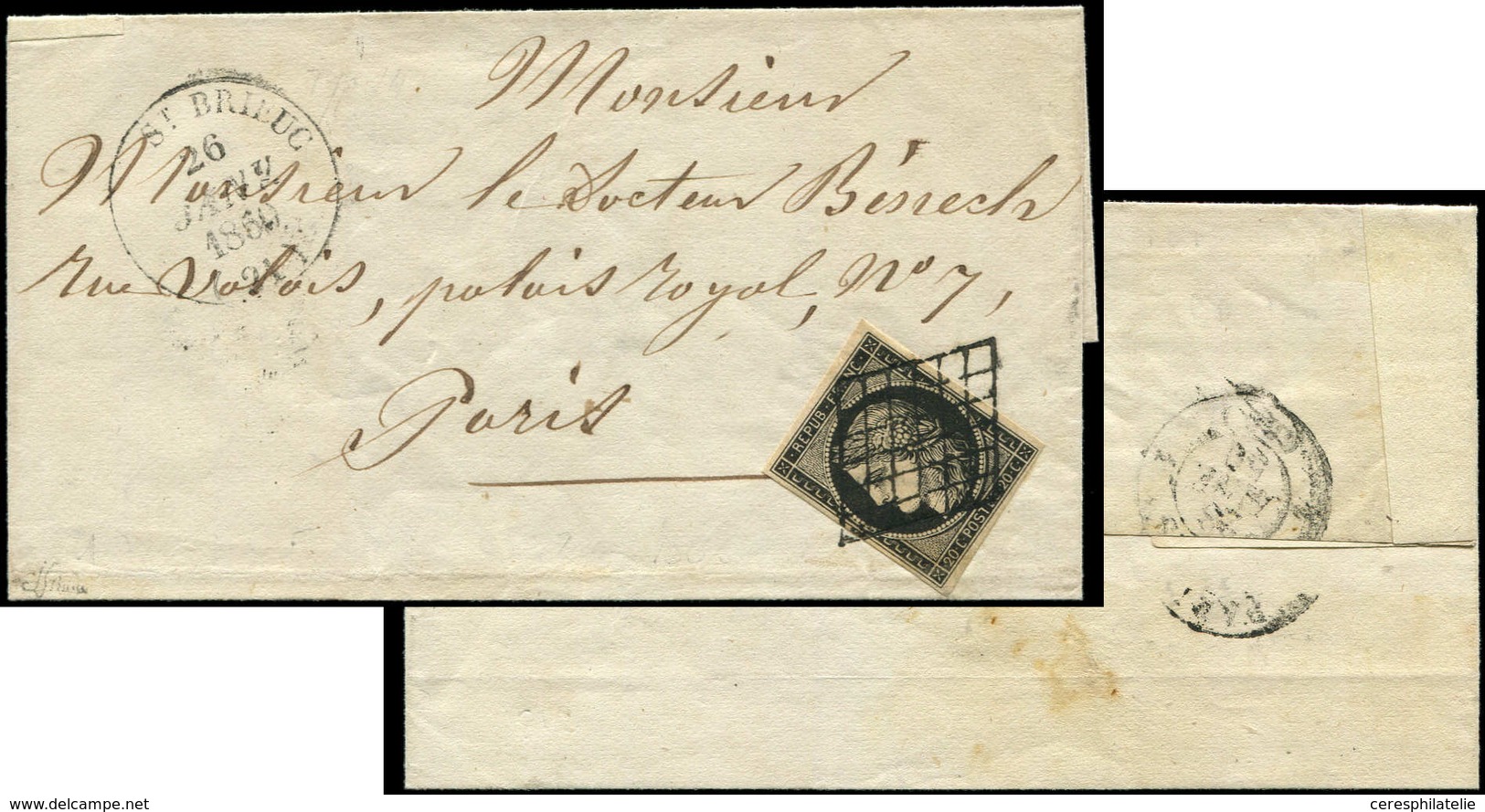 Let EMISSION DE 1849 - 3h   20c. Noir INTENSE, Obl. GRILLE S. LSC, Càd T14 Sans Cercle Intérieur St BRIEUC 26/1/50, TTB. - 1849-1850 Ceres