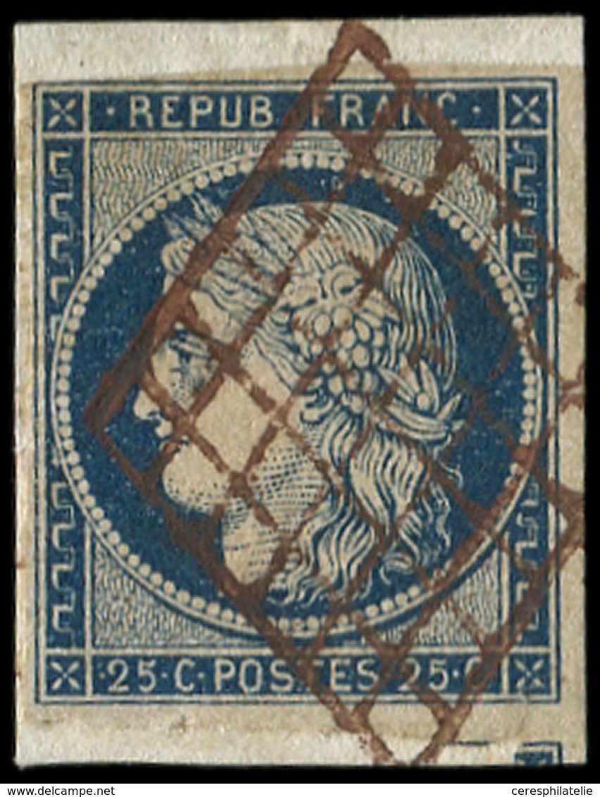 EMISSION DE 1849 - 4    25c. Bleu, Obl. GRILLE ROUGE S. Fragt, Filet à Peine Effl. S. 2 Mm, Sinon TB. C, Cote Dallay - 1849-1850 Ceres