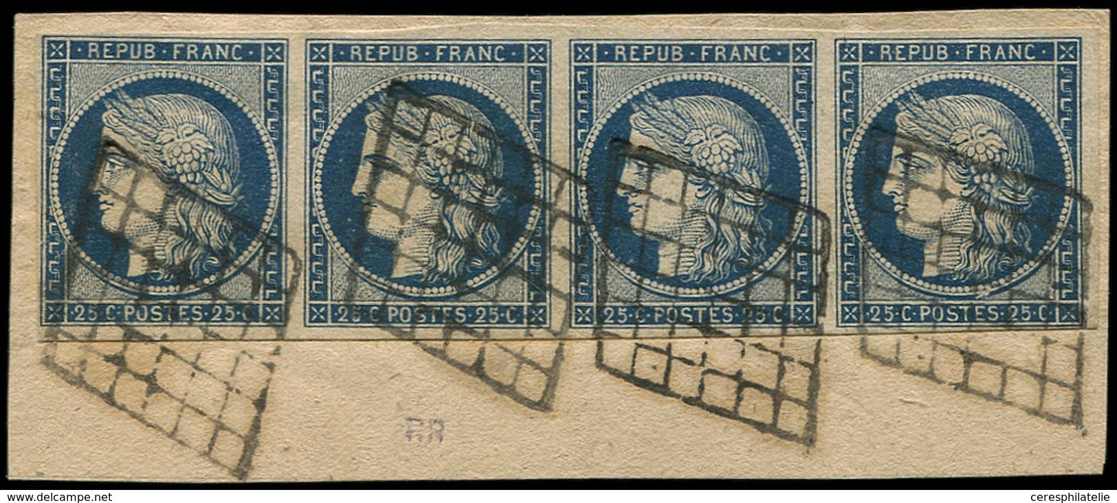 EMISSION DE 1849 - 4    25c. Bleu, BANDE De 4 Obl. GRILLE Sur Fragt, TB - 1849-1850 Ceres