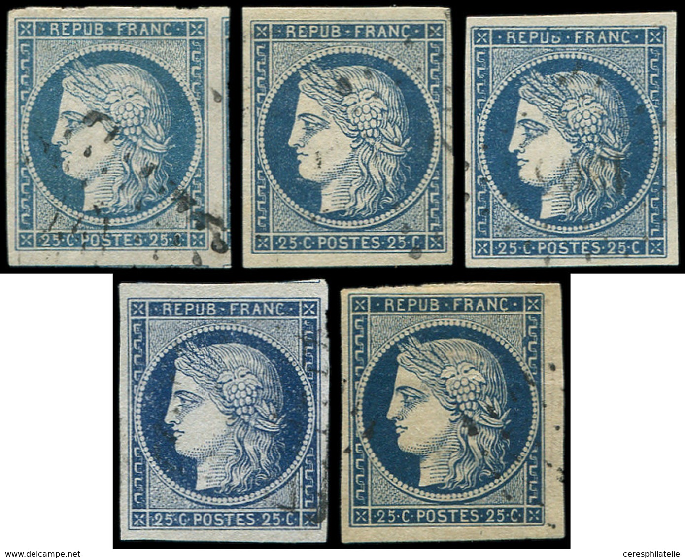 EMISSION DE 1849 - 4    25c. Bleu, 5 Ex. (nuances), Obl. Légères, Ex. Choisis, TTB - 1849-1850 Cérès
