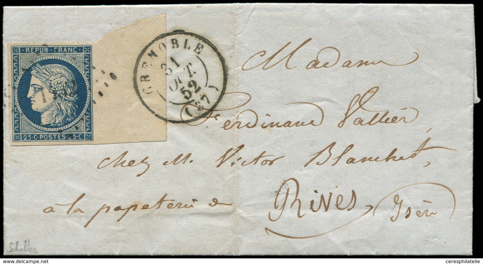 Let EMISSION DE 1849 - 4    25c. Bleu, Grand BORD De FEUILLE, Obl. PC 1452 S. LAC, Càd T15 GRENOBLE 31/10/52, Superbe - 1849-1850 Ceres