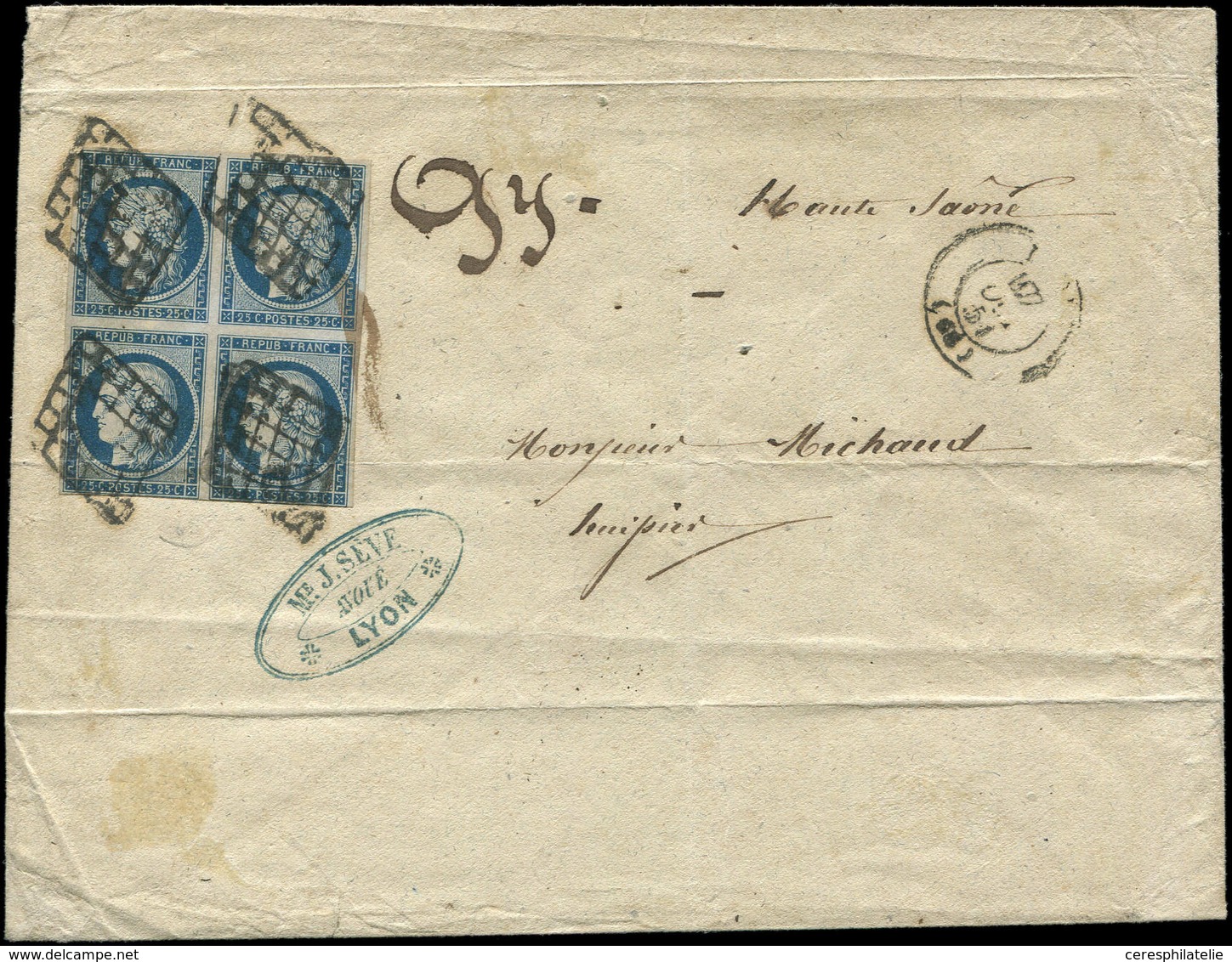 Let EMISSION DE 1849 - 4    25c. Bleu, BLOC De 4, 2 Ex. Pli D'archive Dont 1 Touché, Obl. GRILLE S. Env., Càd LYON 17/10 - 1849-1850 Cérès