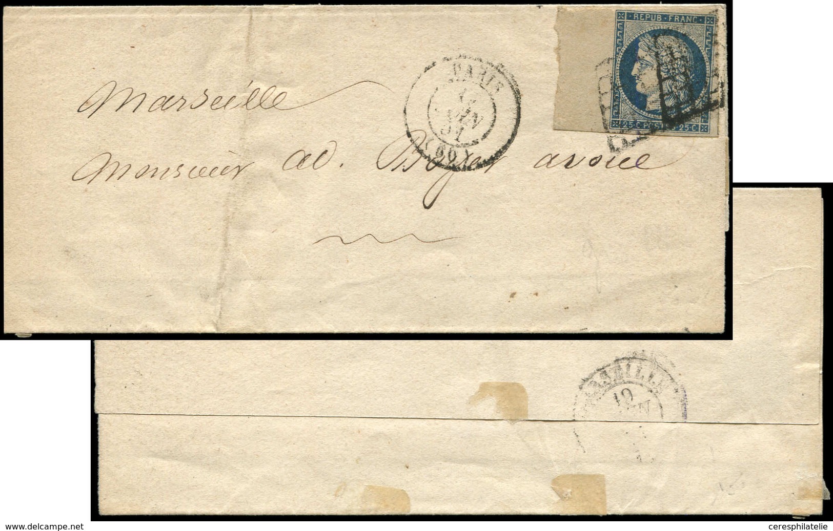 Let EMISSION DE 1849 - 4a   25c. Bleu Foncé, BORD De FEUILLE Obl. GRILLE S. LSC, Càd PARIS 6/51, Arr. Marseille, TB - 1849-1850 Ceres