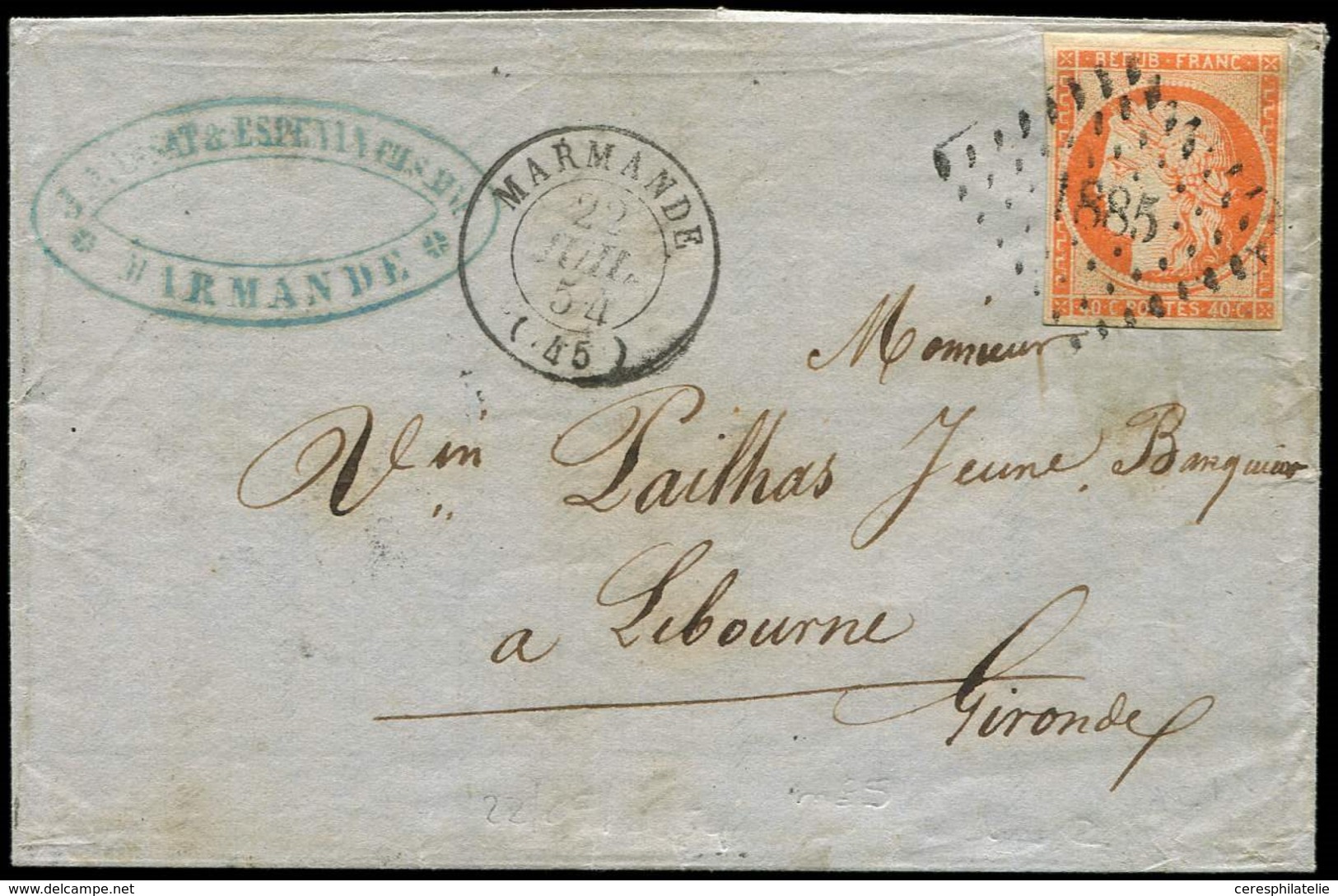 Let EMISSION DE 1849 - 5    40c. Orange Obl. PC 1885 S. LAC, Càd T15 MARMANDE 22/7/54, TB - 1849-1850 Ceres