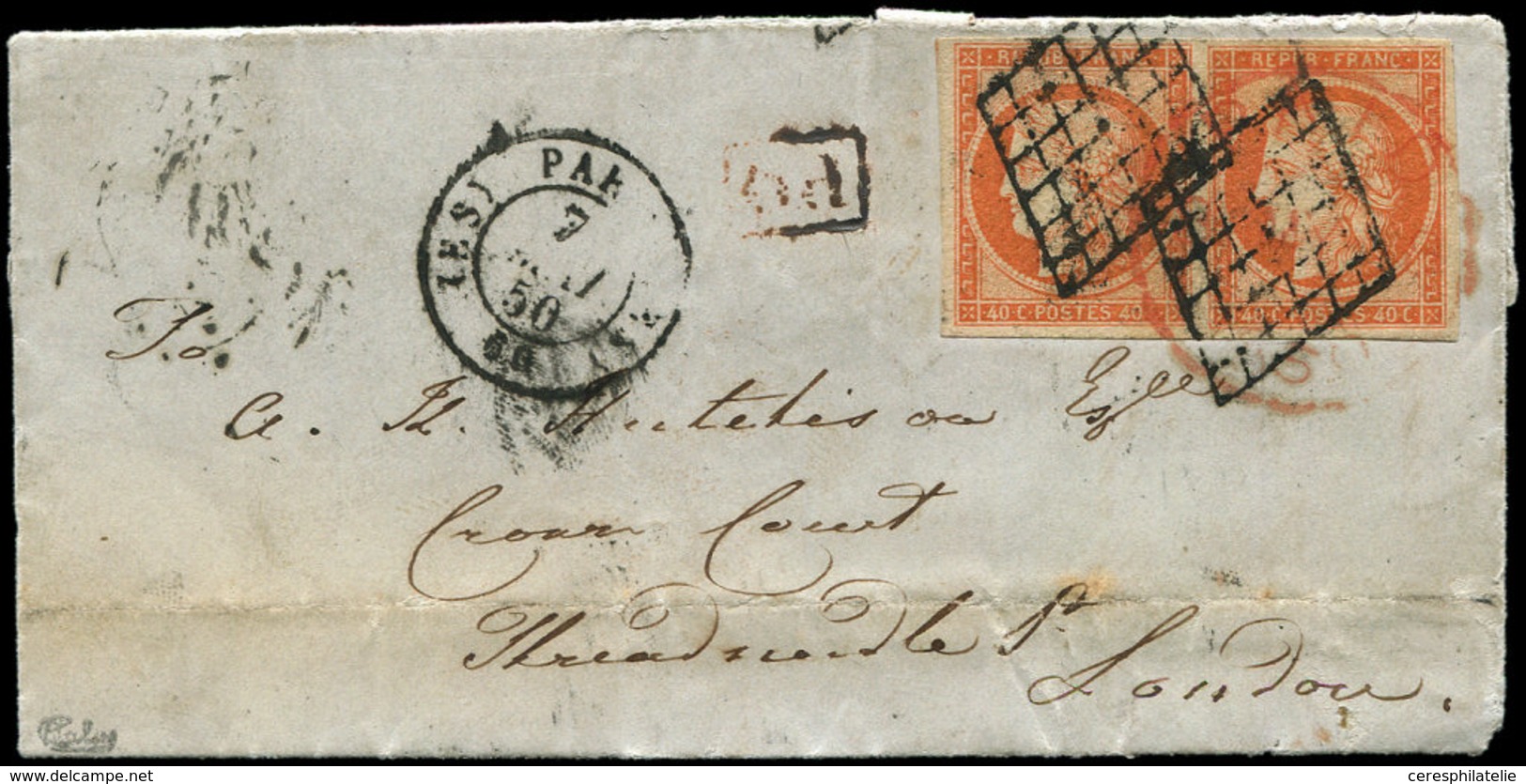 Let EMISSION DE 1849 - 5    40c. Orange, PAIRE Obl. GRILLE S. LAC, Càd (ES) PARIS (ES) 7/5/50 (ES), Arr. LONDON Càd Sur  - 1849-1850 Cérès