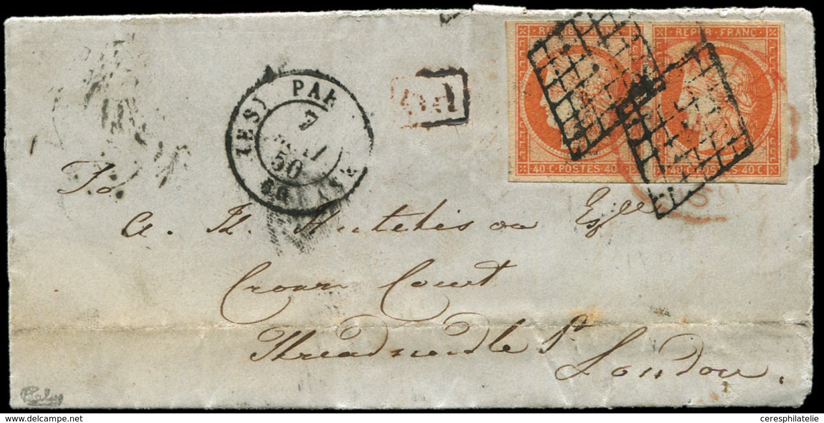 Let EMISSION DE 1849 - 5    40c. Orange, PAIRE Obl. GRILLE S. LAC, Càd (ES) PARIS (ES) 7/5/50 (ES), Arr. LONDON Càd Sur  - 1849-1850 Ceres