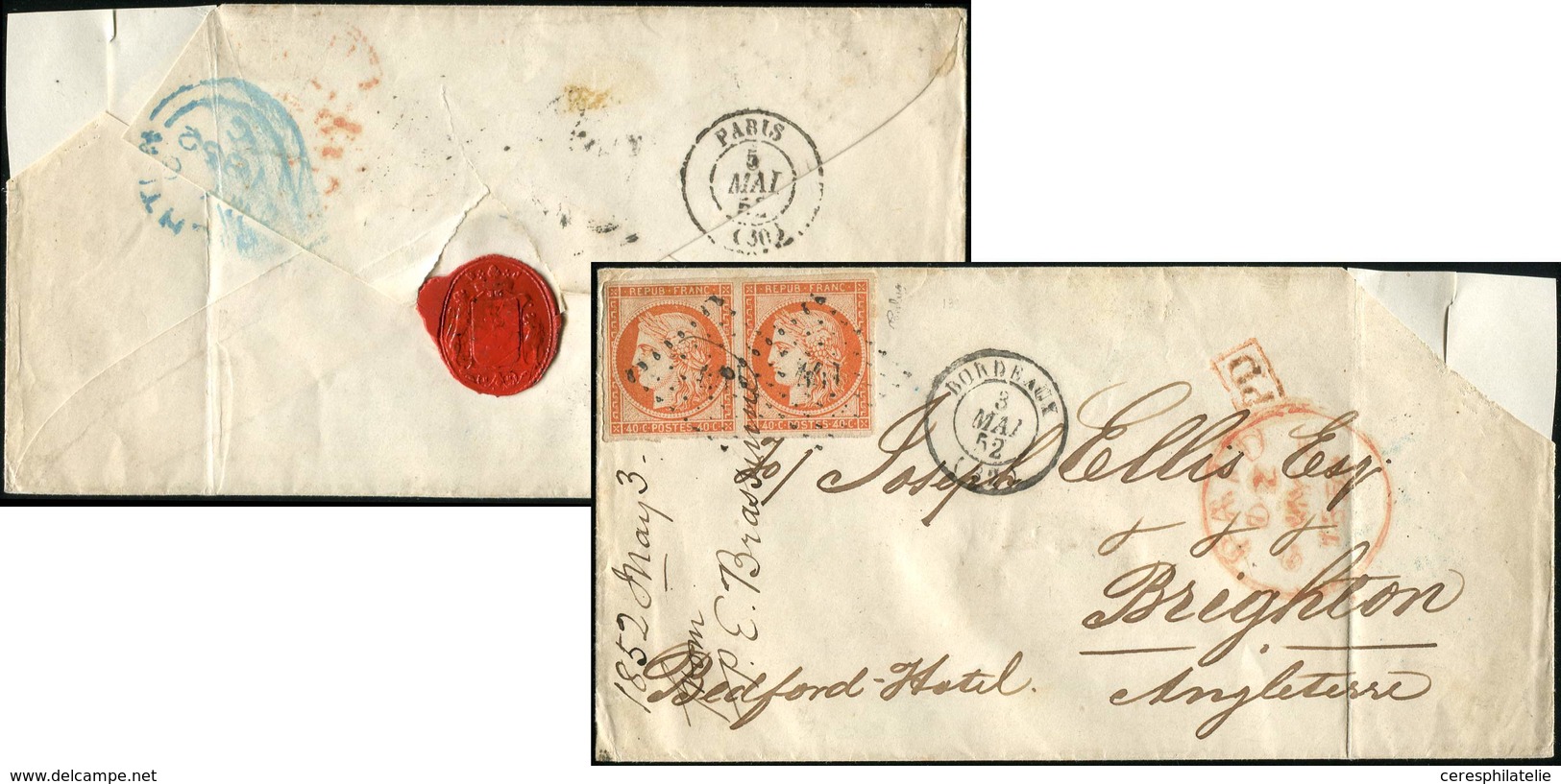 Let EMISSION DE 1849 - 5    40c. Orange, PAIRE Obl. PC 441 S. Env. (un Coin Manquant), Càd T15 BORDEAUX 3/5/52, Arr. BRI - 1849-1850 Cérès