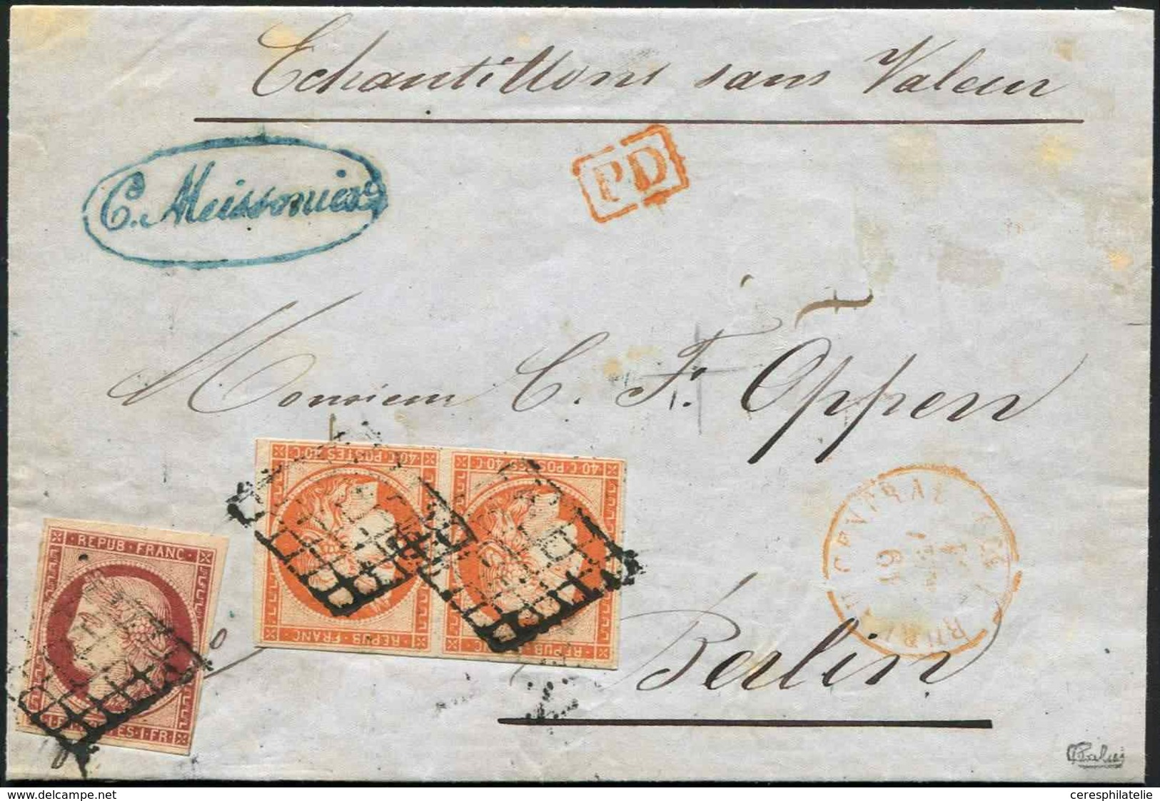 Let EMISSION DE 1849 - 5    40c. Orange PAIRE Et N°6 1f. Carmin, Obl. GRILLE S. LSC, Càd Rouge BUREAU CENTRAL 19/5/51, A - 1849-1850 Ceres