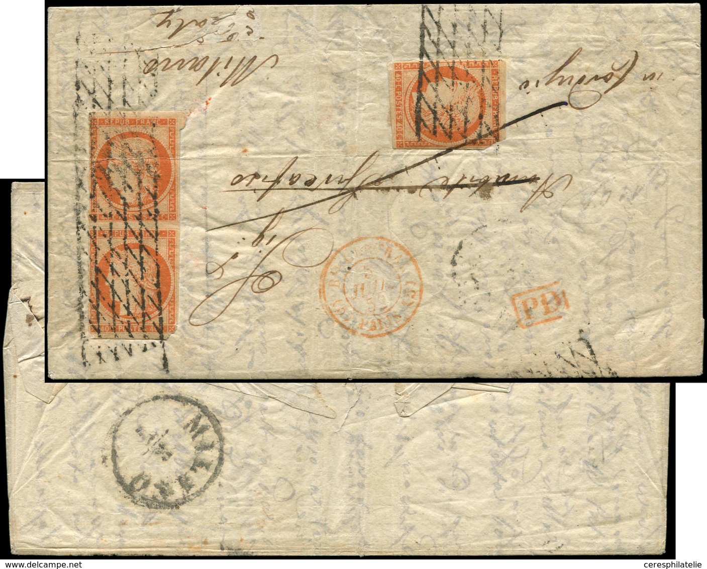 Let EMISSION DE 1849 - 5    40c. Orange, PAIRE Et Unité, Tous Défx, Obl. GRILLE SANS FIN Sur LAC, Càd Rouge Bau CENTRAL/ - 1849-1850 Ceres