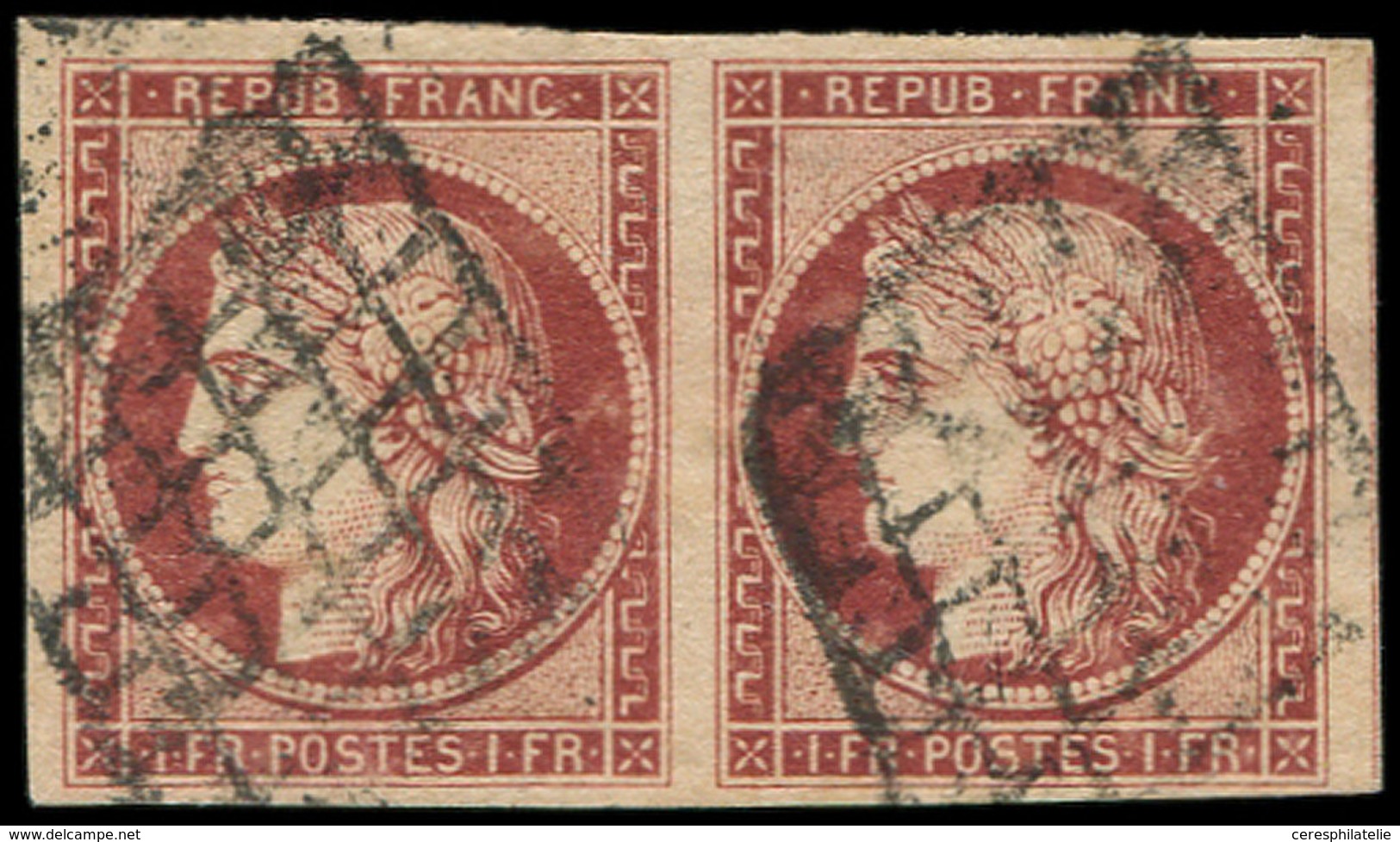 EMISSION DE 1849 - 6     1f. Carmin, PAIRE Obl. GRILLE, Belles Marges, Filet De Voisin à Droite, TTB - 1849-1850 Ceres