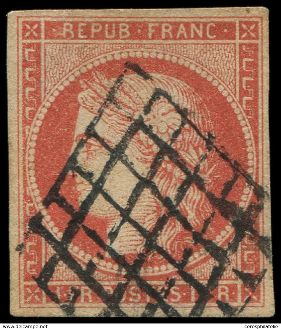 EMISSION DE 1849 - 7     1f. VERMILLON, Obl. GRILLE, Jolie Nuance, Très Frais Et TTB, Certif. Calves - 1849-1850 Ceres
