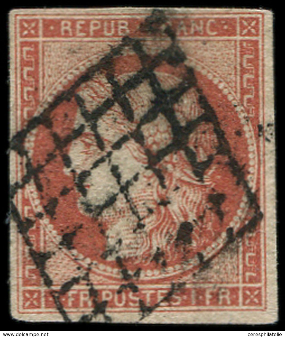 EMISSION DE 1849 - 7     1f. VERMILLON, Obl. GRILLE, TB, Certif. Scheller - 1849-1850 Ceres