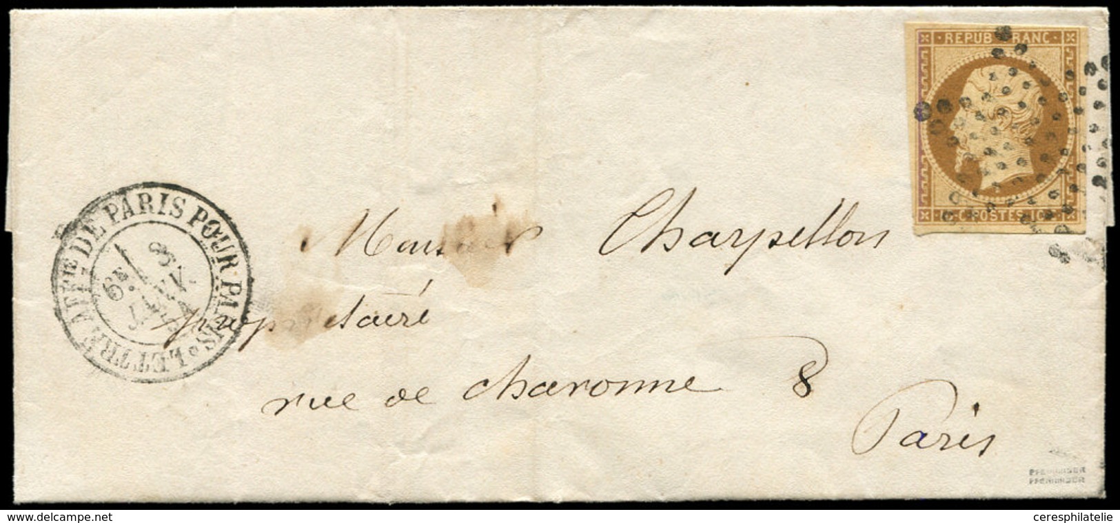 Let PRESIDENCE - 9    10c. Bistre-jaune, Obl. ETOILE S. LAC, Càd LETTRE AFFie DE PARIS POUR PARIS 8/1/54, TTB - 1852 Louis-Napoleon