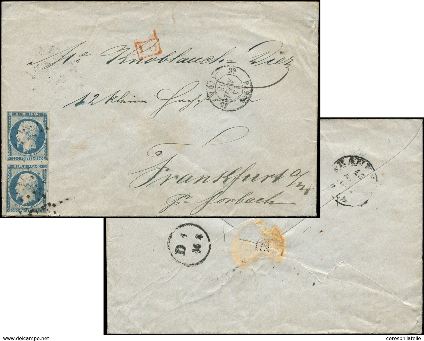Let PRESIDENCE - 10   25c. Bleu, PAIRE Obl. ROULETTE De GROS POINTS (frappe Légère) Sur Env., Càd PARIS 14/4/54, Arr. FR - 1852 Louis-Napoléon