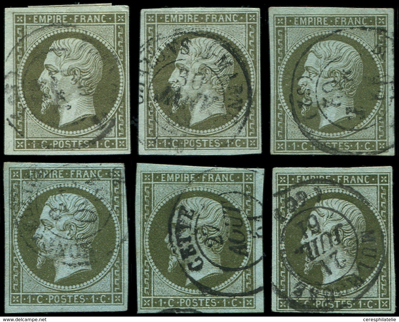 EMPIRE NON DENTELE - 11a Et 11b, 1c. Vert-olive Clair Et 1c. Vert-bronze, 6 Ex. Choisis Obl. Càd T15, TB, Cote Et N° Mau - 1853-1860 Napoleone III